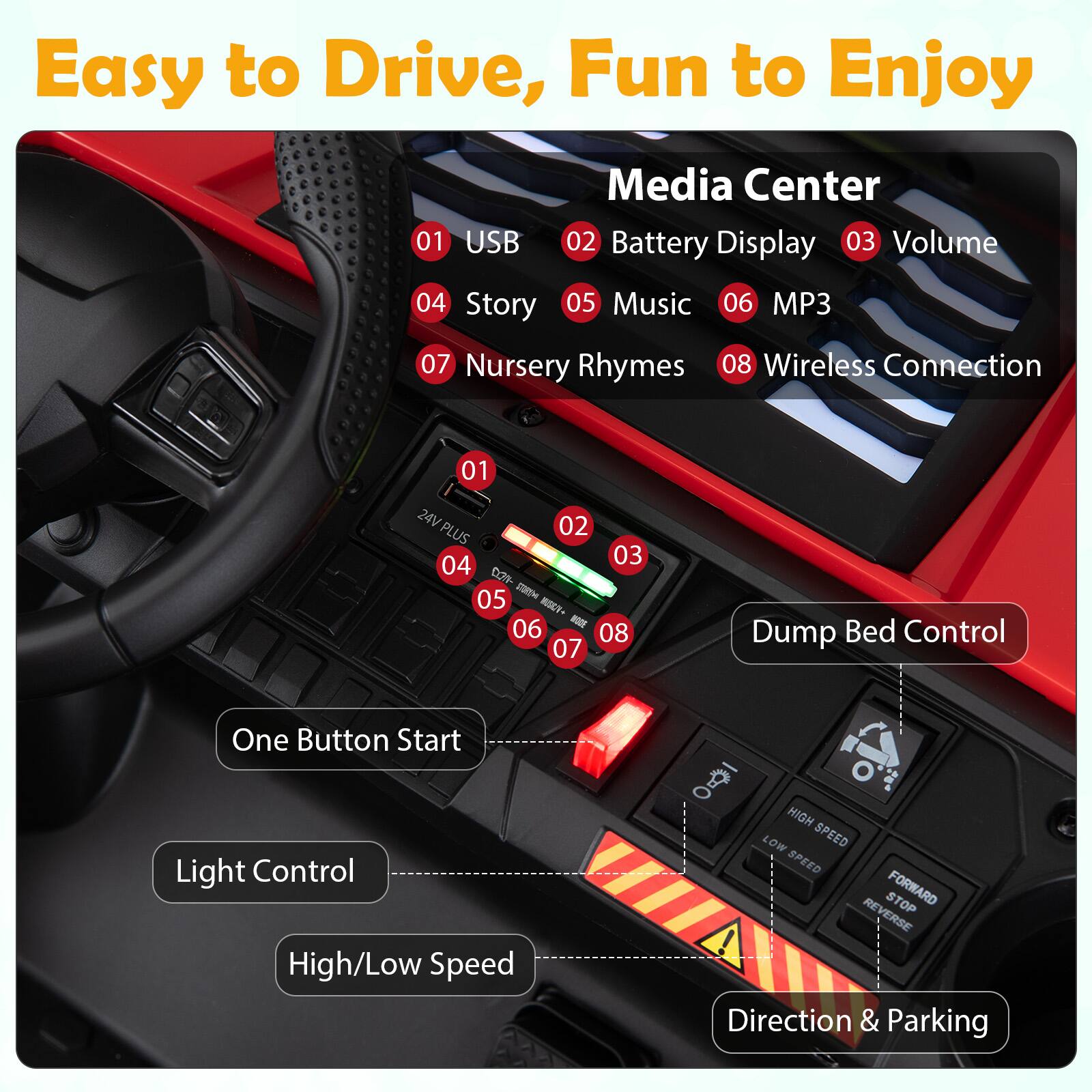 Easy to Drive, Fun to Enjoy

Media Center
01 USB
02 Battery Display
03 Volume
04 Story
05 Music
06 MP3
07 Nursery Rhymes
08 Wireless Connection

24V PLUS
01
02
03
04
05
06
07
08

One Button Start
Light Control
High/Low Speed
Direction & Parking

Dump Bed Control