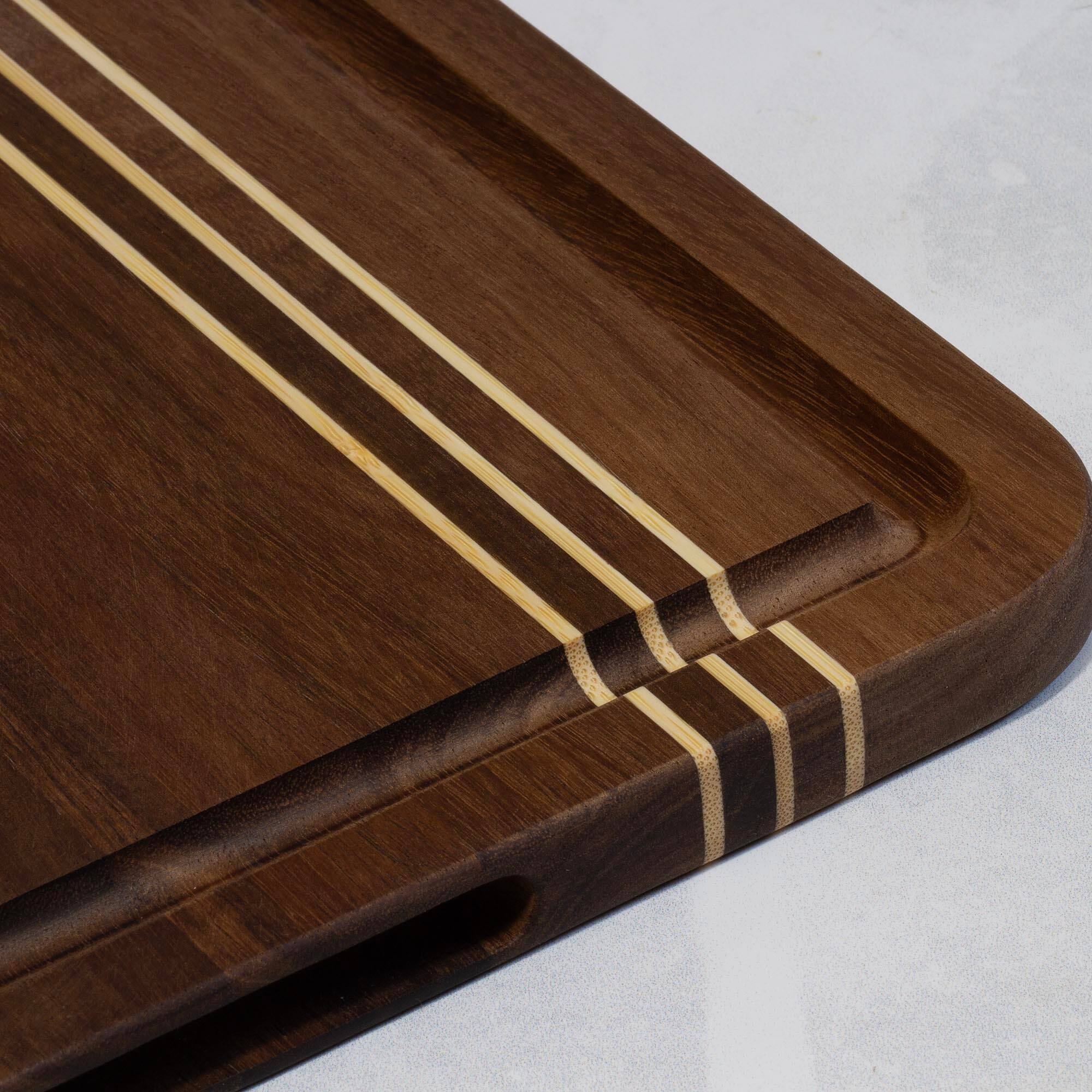 Back. Rock & Branch - Acacia Wood Pinstripe Cutting Board, 14" x 11".
