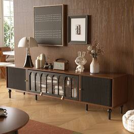 luck idea - Modern 78.74" TV Stand with Sliding Doors, Arched Glass Panels, Metal Handles, Solid Wood Legs & Cable Management - Walnut Color