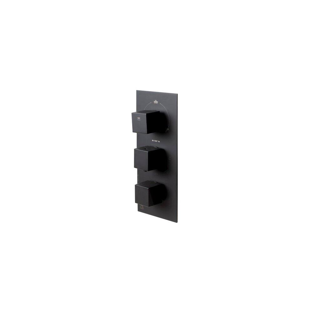 Front. Alfi - Black Matte 3-Way Thermostatic Valve Shower Mixer Square Knobs - Black.