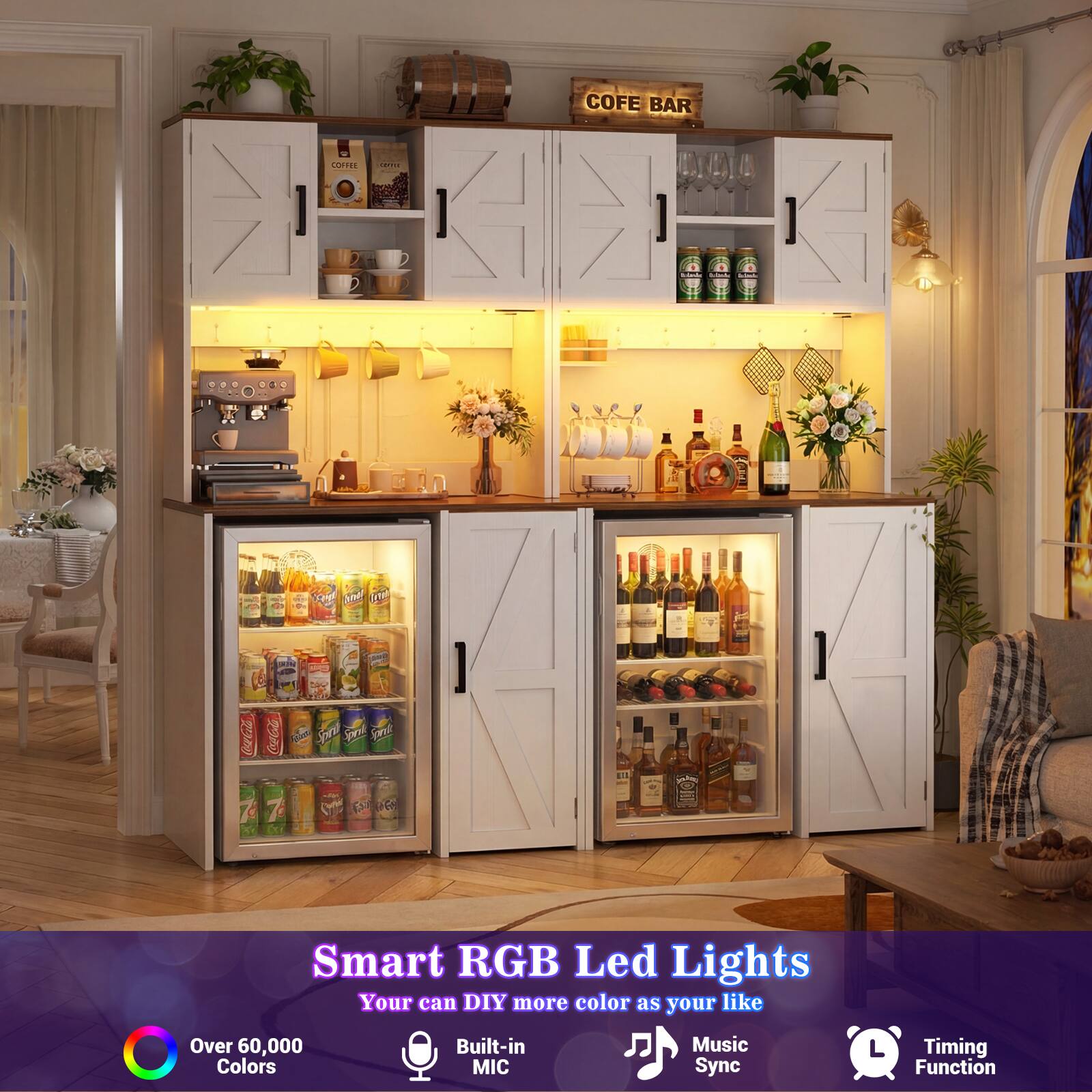 COFE BAR COrTEE addas K  < LK < - - OA ane De Aon on Spal a N.. 7 Smart RGB Led Lights Your can DIY more color as your like Over 60,000 Colors Built-in MIC Music Sync Timing Function