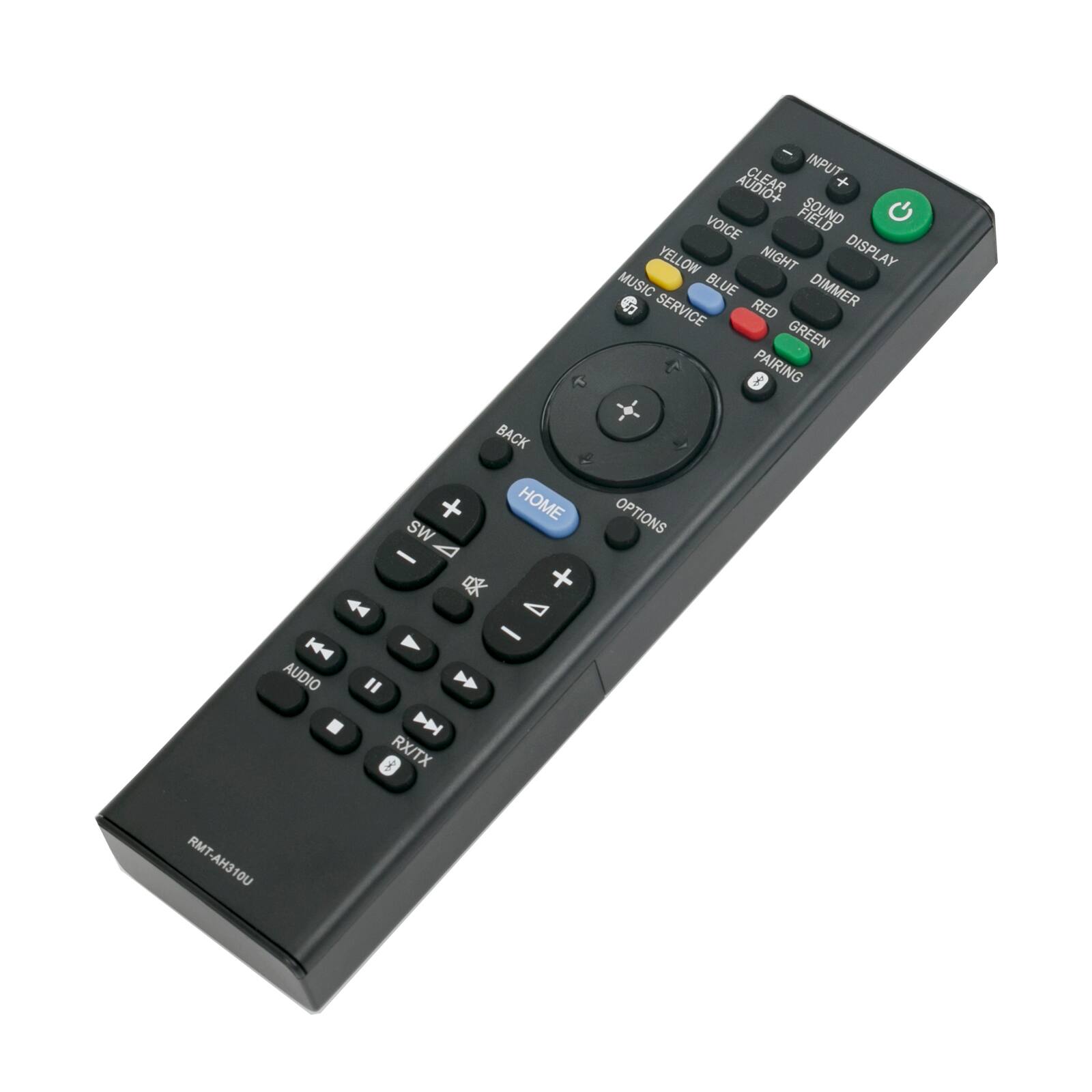 INPUT +  
CLEAR AUDIO  
VOICE  
NIGHT  
SOUND FIELD  
DISPLAY  
YELLOW  
MUSIC SERVICE  
BLUE  
DIMMER  
RED  
GREEN  
PAIRING  
SW  
BACK  
HOME  
OPTIONS  
AUDIO  
RX/TX  
RMT-AX310U