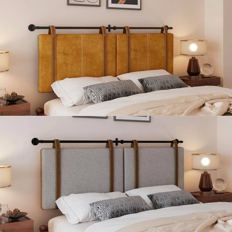 Front. wowmax - Wall Mounted Headboard, Double Sided Upholstered Headboard with Adjustable Height & Faux Leather Straps - Queen - Orange+gray.