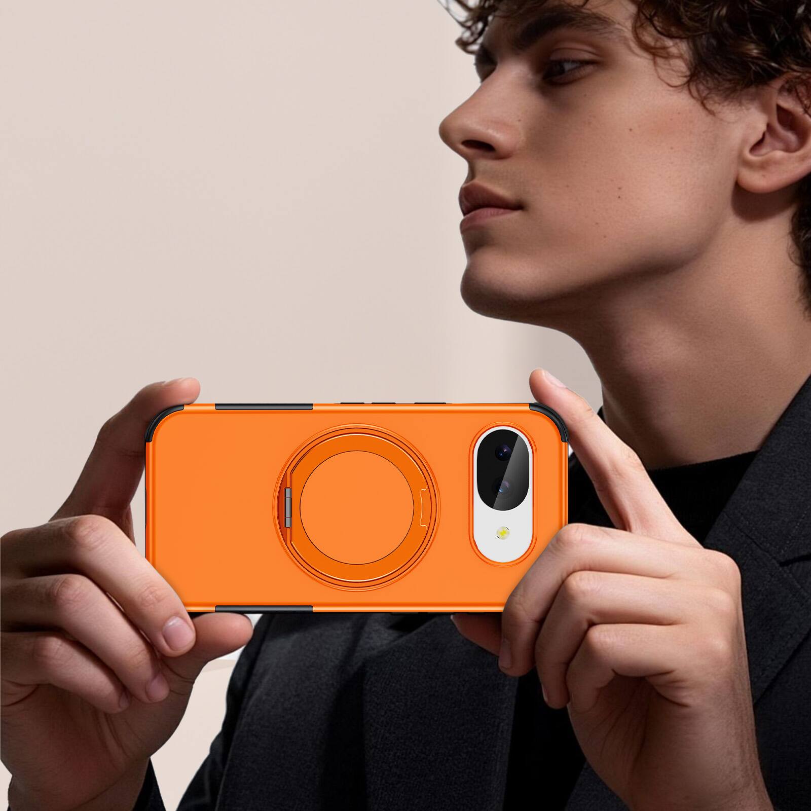 Angle. Dteck - Magnetic Shockproof Case for Google Pixel 10a, 360 Rotating Ring Stand Non Slip Cover with Raised Edge Protection - Orange.