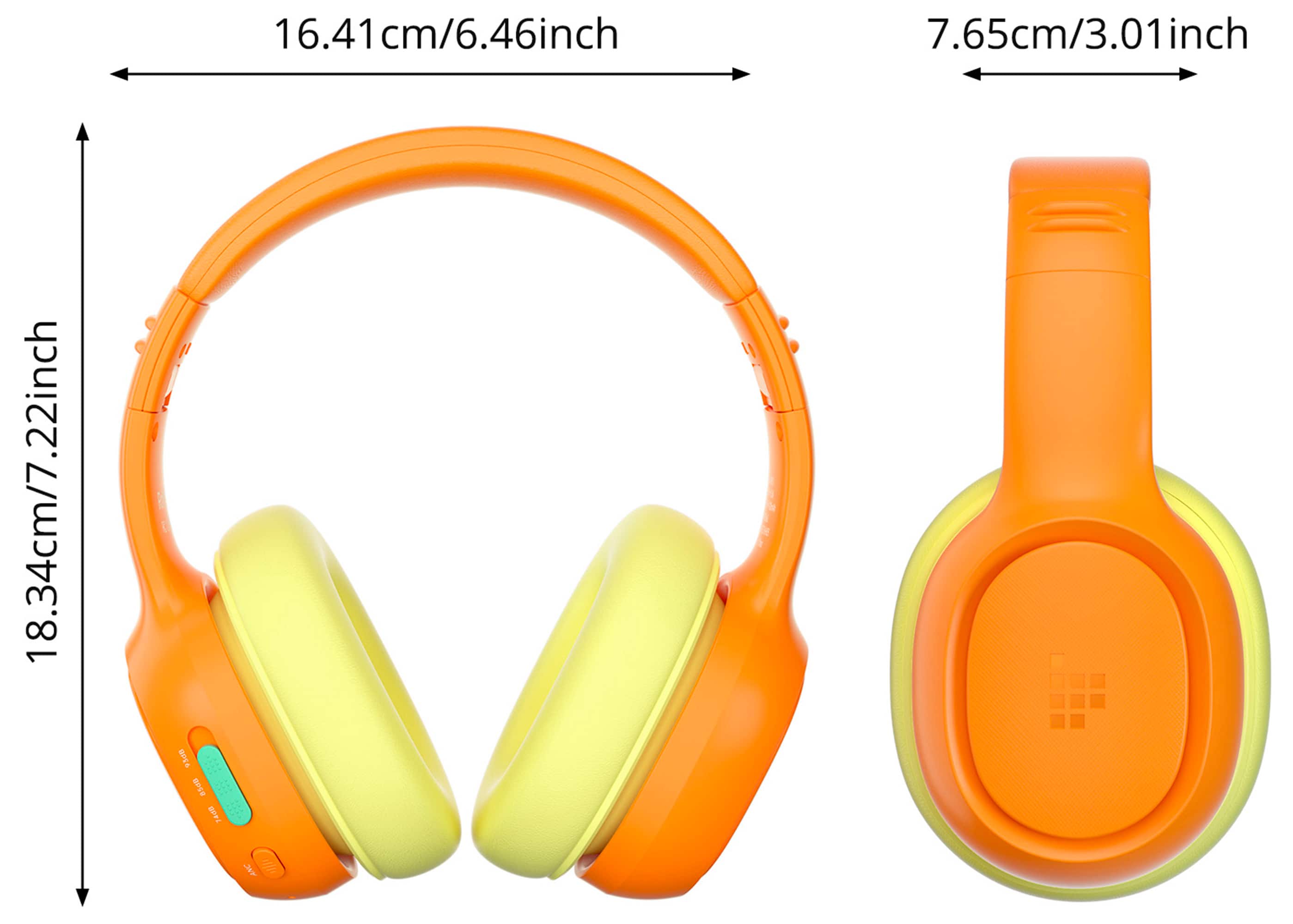 The image shows a pair of orange headphones with a measurement chart. The headphones are 16.41 cm/6.46 inches in length and 7.65 cm/3.01 inches in width. The headphones are designed to fit comfortably and securely around the user's head. The headphones are made of durable materials and have a sleek, modern design. They are ideal for listening to music, making phone calls, or participating in video conferences. The headphones are compatible with a wide range of devices, including smartphones, tablets, and laptops.