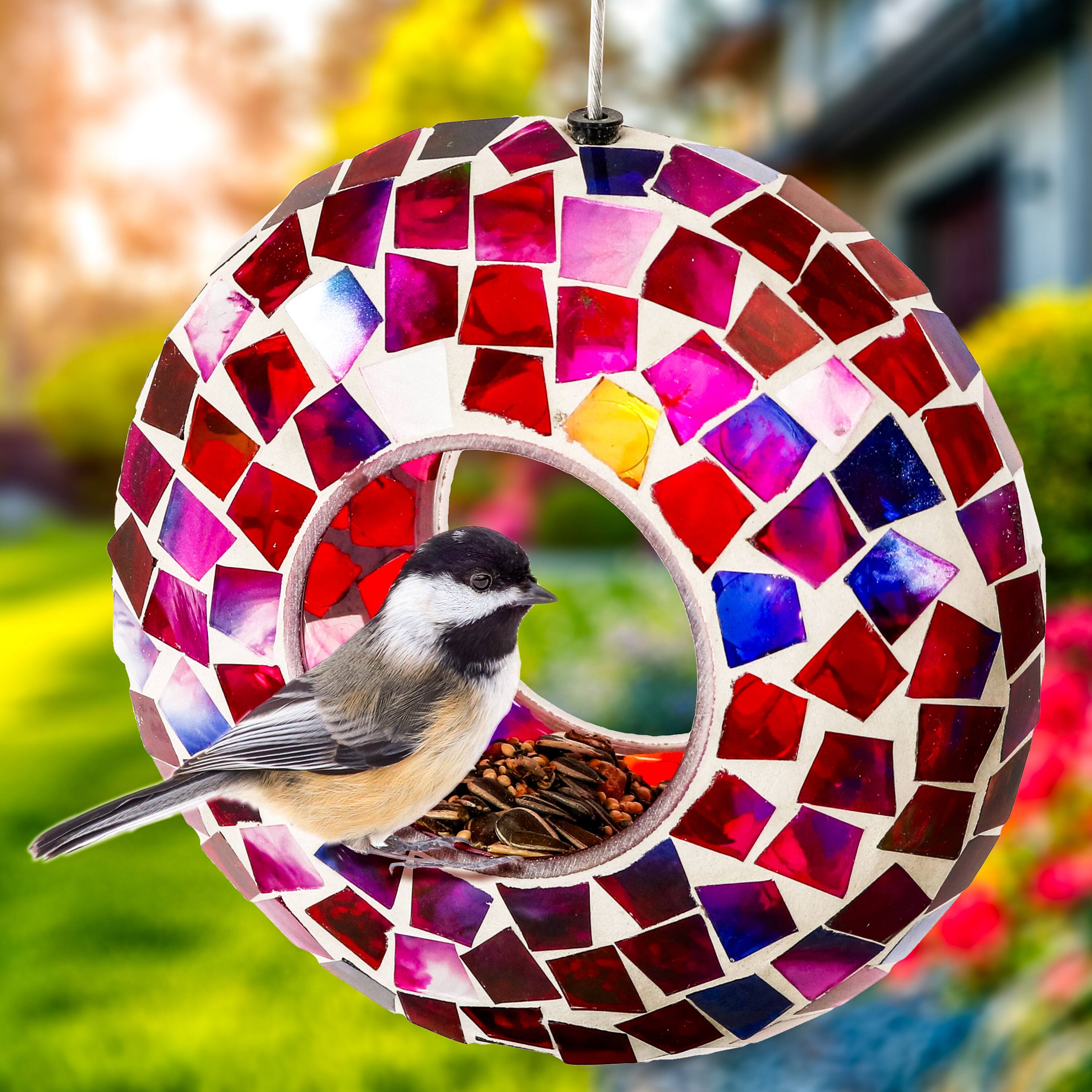 Alt View 7. Sunnydaze - Glass Fly-Through Hanging Bird Feeder - 6 in - Crimson Mosaic.