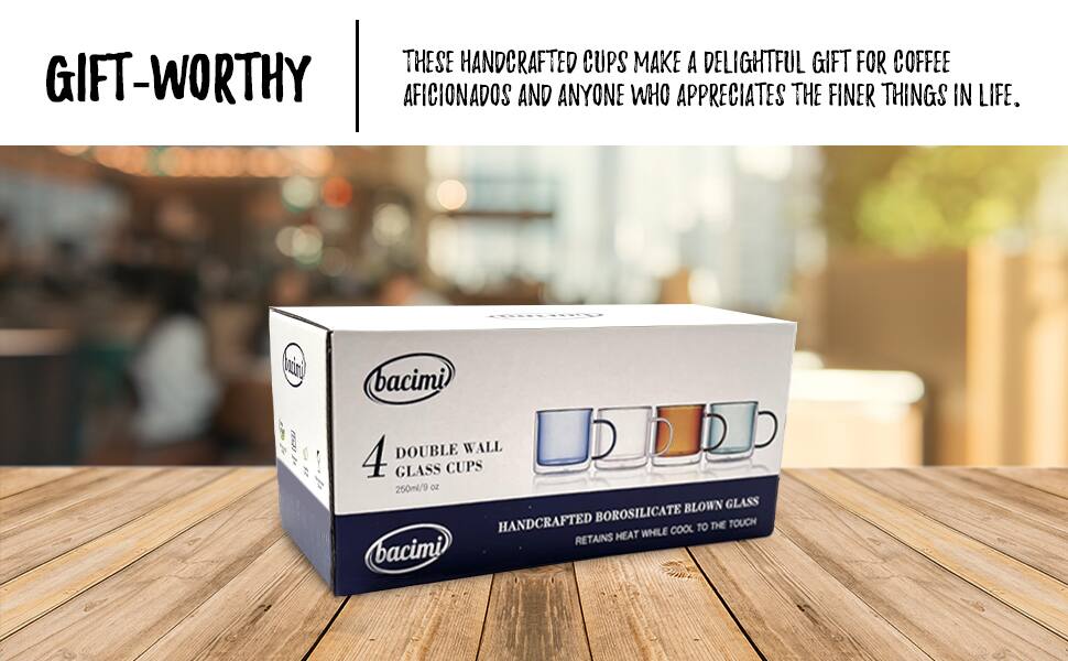 THESE HANDCRAFTED CUPS MAKE A DELIGHTFUL GIFT FOR COFFEE AFICIONADOS AND ANYONE WHO APPRECIATES THE FINER THINGS IN LIFE.

FEUTI Cumcino bacimi DOUBLE WALL 4 GLASS CUPS 250ml/9 oz BLOWN GLASS HANDCRAFTED BOROSILICATE TOUCH COOL TO THE HEAT WHILE RETAINS bacimi