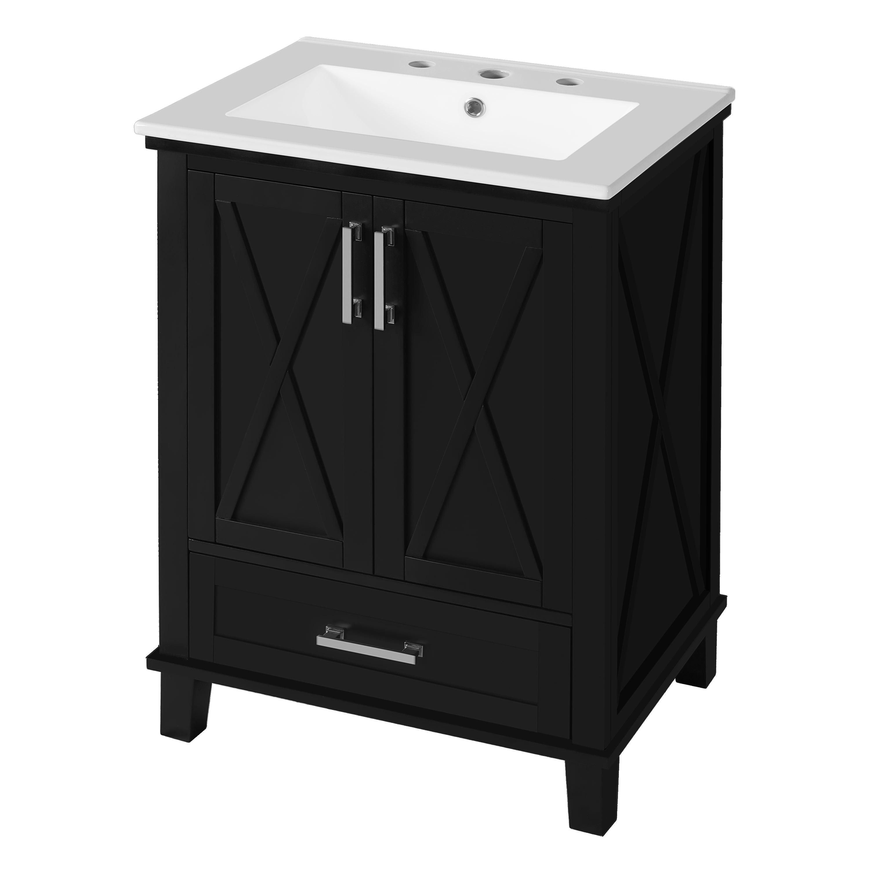 Left. Boyel Living - 24 Inch Black Bathroom Vanity with Ceramic Sink, 2 Soft Close Doors, 1 Divided Drawer, Dual Door Shelves - Black.