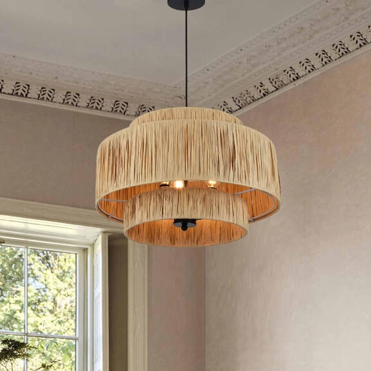 Front. Loheer - Loheer 3 Light Boho Chandelier with Natural Rattan Shade for Dining Room.