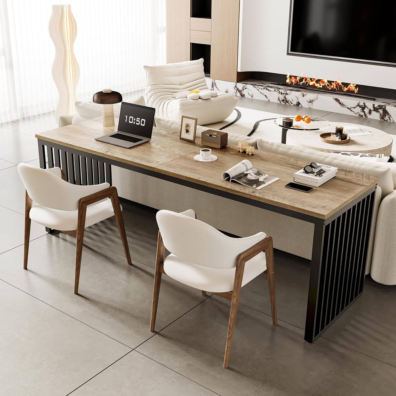 Back. APRILSOUL - 78.74Inches Double Computer Desk for 2 Person Extra Long Industrial Workstation with Heavy Duty Metal Frame Gray Black - Gray+Black.