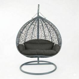 LeisureMod - Recluse Teardrop Grey Wicker Hanging Egg Chair - Modern Indoor Outdoor Swing with Stand & Quick-Dry Cushion - Jet Black