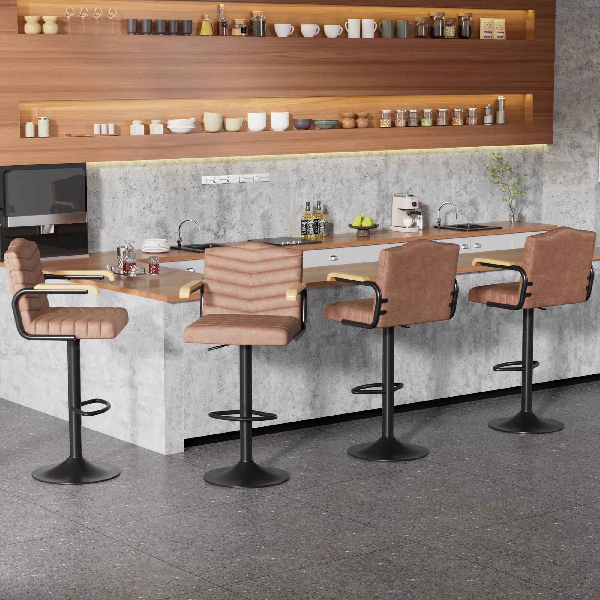 Alt View 2. Vecelo - Set of 2 PU Leather Bar Stool with Adjustable Height - Brown Swivel Bar Stool with Footrest - Brown.