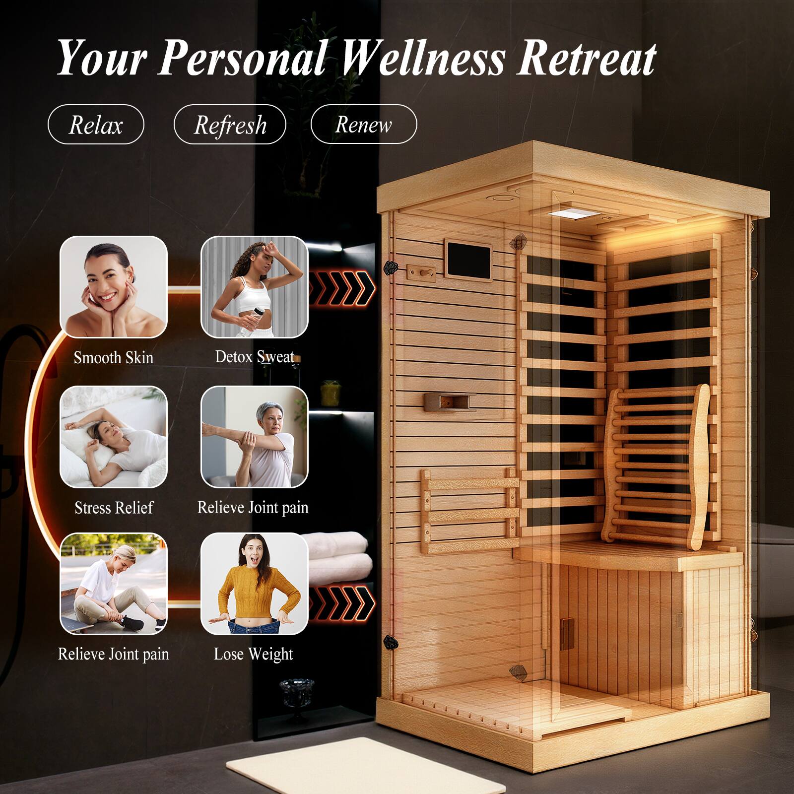 Your Personal Wellness Retreat

Relax
Refresh
Renew

- Smooth Skin
- Detox Sweat
- Stress Relief
- Relieve Joint pain
- Relieve Joint pain
- Lose Weight