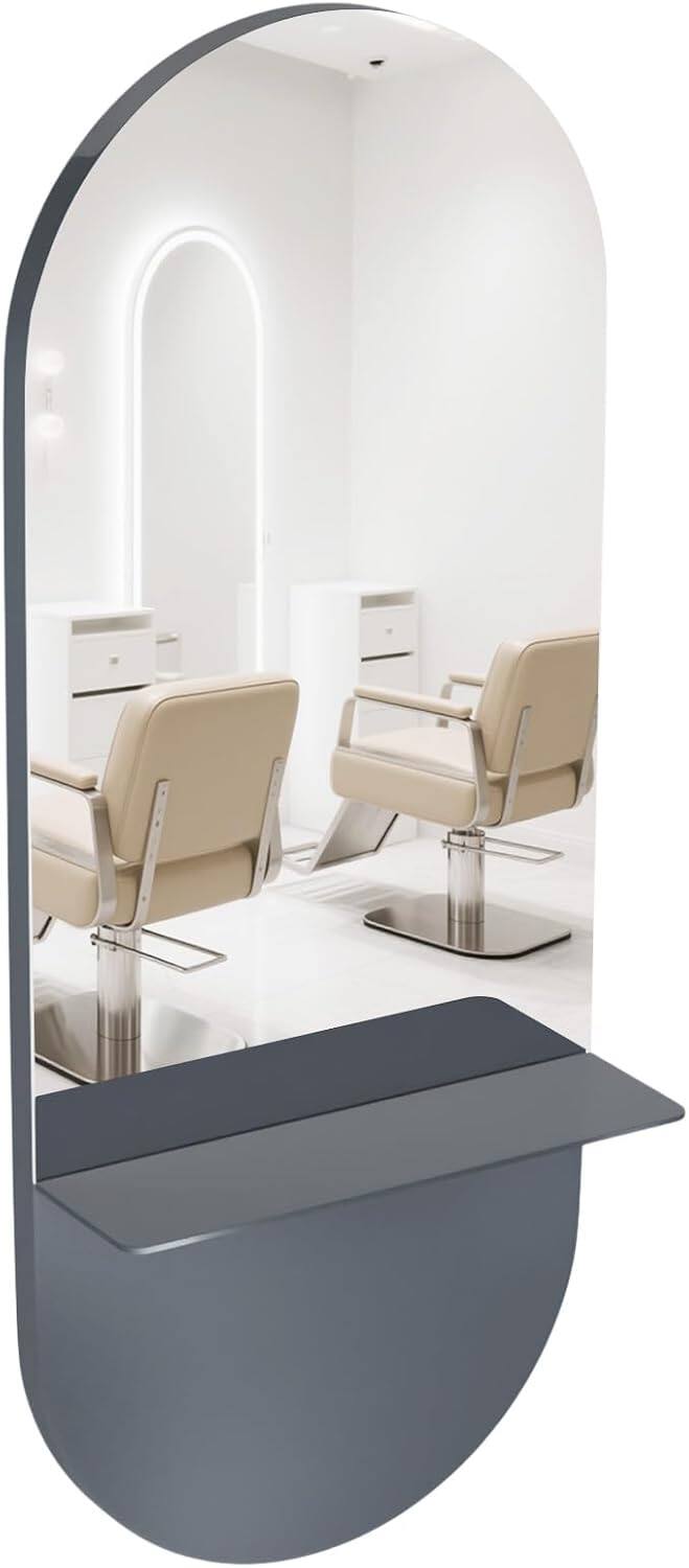 Alt View 4. Winado - Professional Salon Oval Wall Mount Mirror with Removable Shelf, Tempered Glass Salon Makeup Mirror for Barbershop Beauty - Grey.