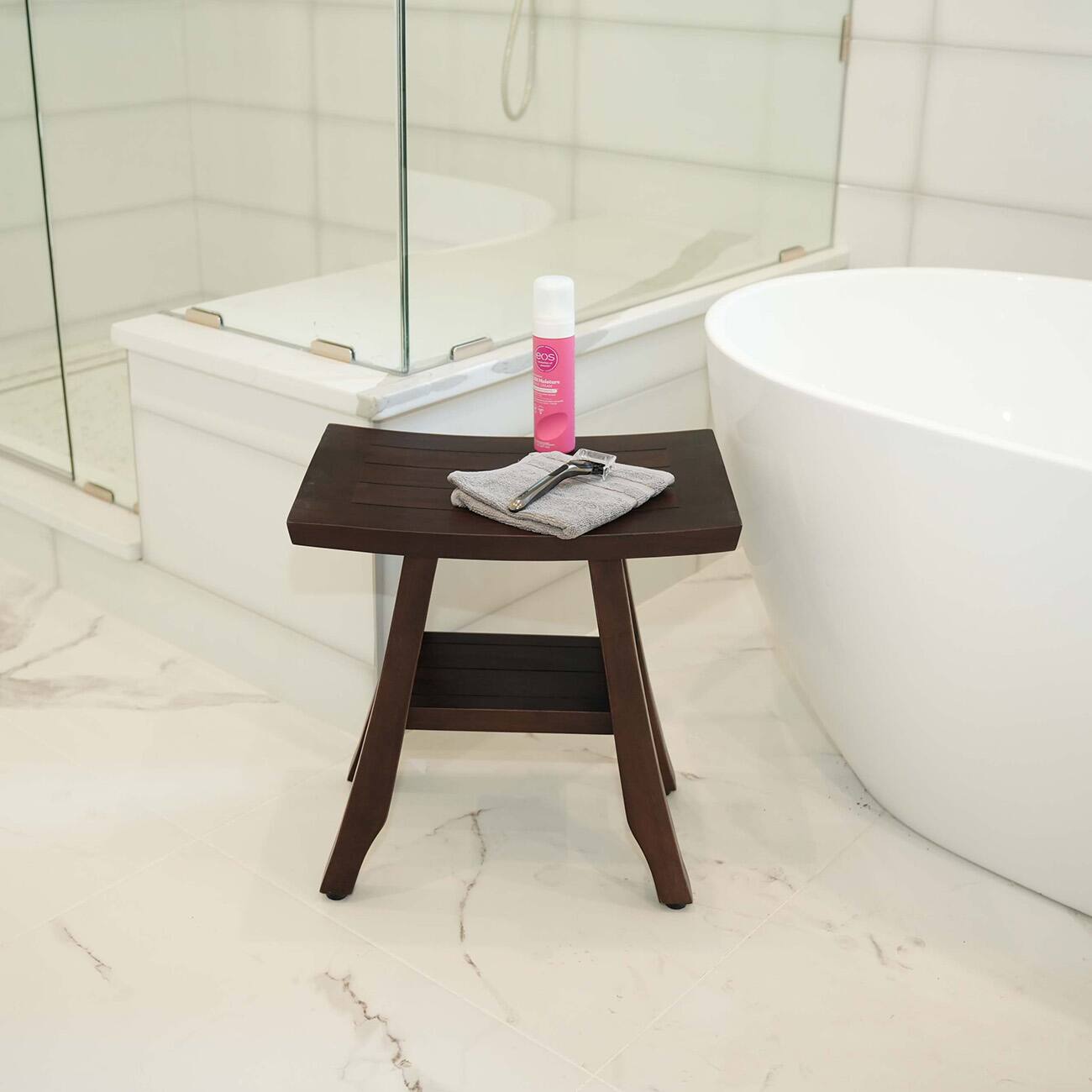 Back. DecoTeak - DecoTeak Satori 18" Teak Wood Shower Bench with Shelf in Woodland Brown Finish - Woodland Brown.