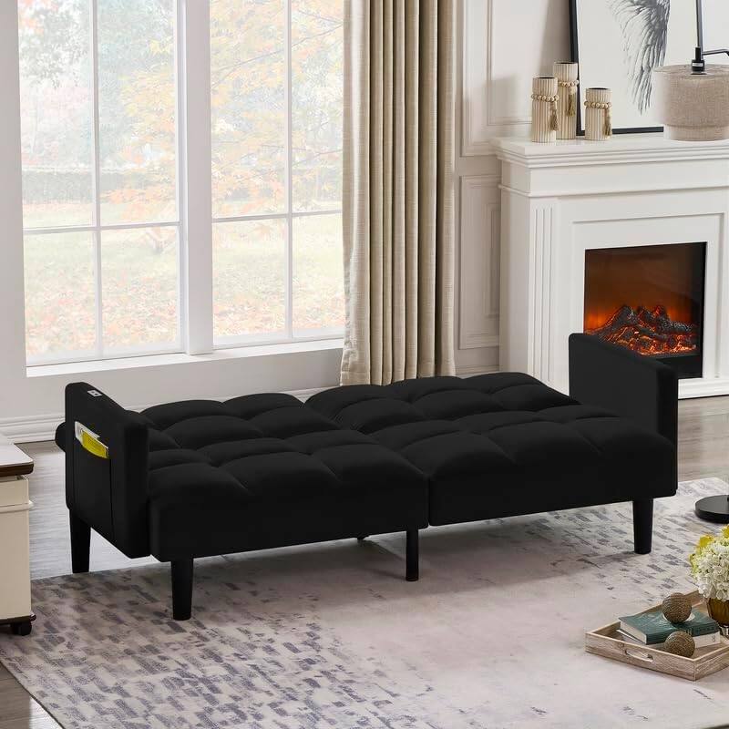 Alt View 4. Trinkets Crazed - Velvet Futon Couch Convertible Folding Sofa Bed Tufted Couch for Apartment  - black.