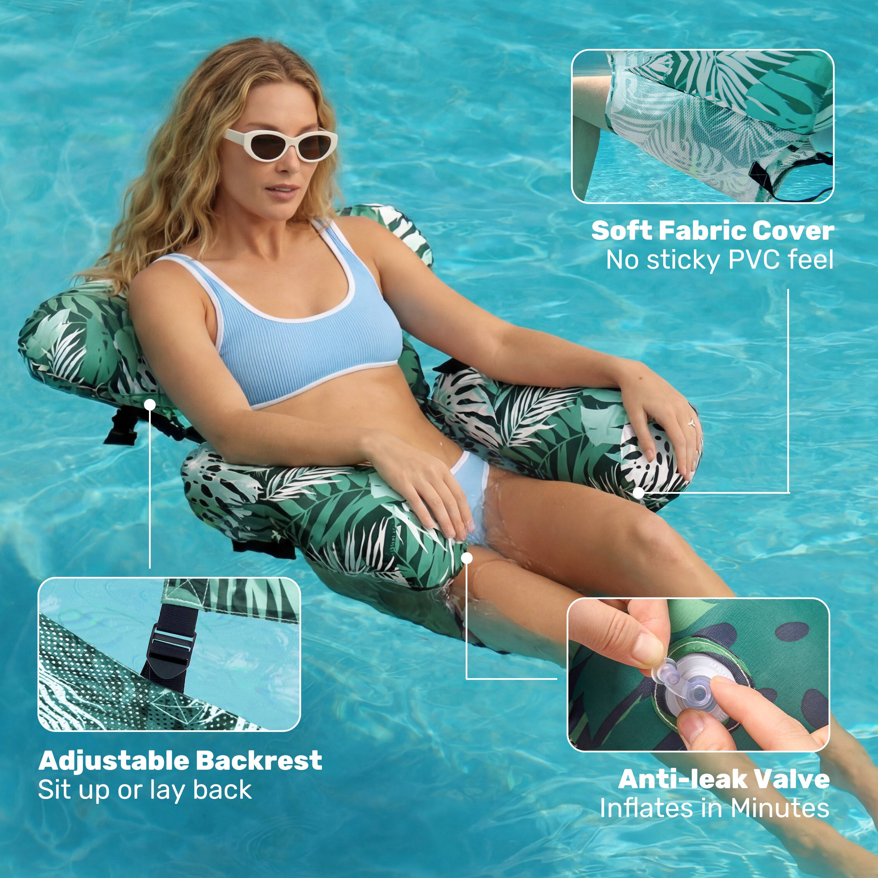 Soft Fabric Cover  
No sticky PVC feel  

Adjustable Backrest  
Sit up or lay back  

Anti-leak Valve  
Inflates in Minutes