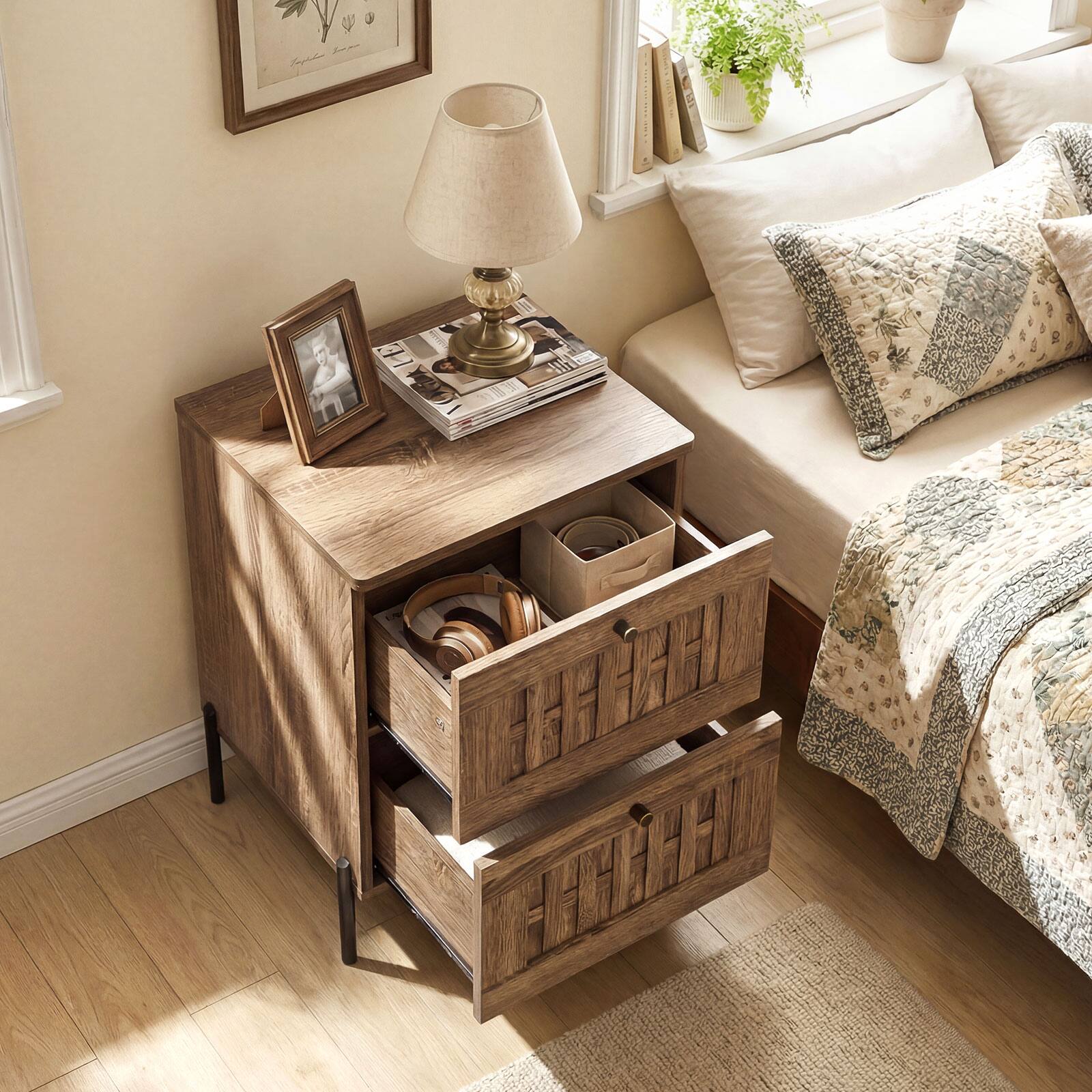 Alt View 3. Gymax - Gymax Nightstand w/2 Woven Storage Drawers Metal Support Legsfor BedroomRustic Oak - Yellow.