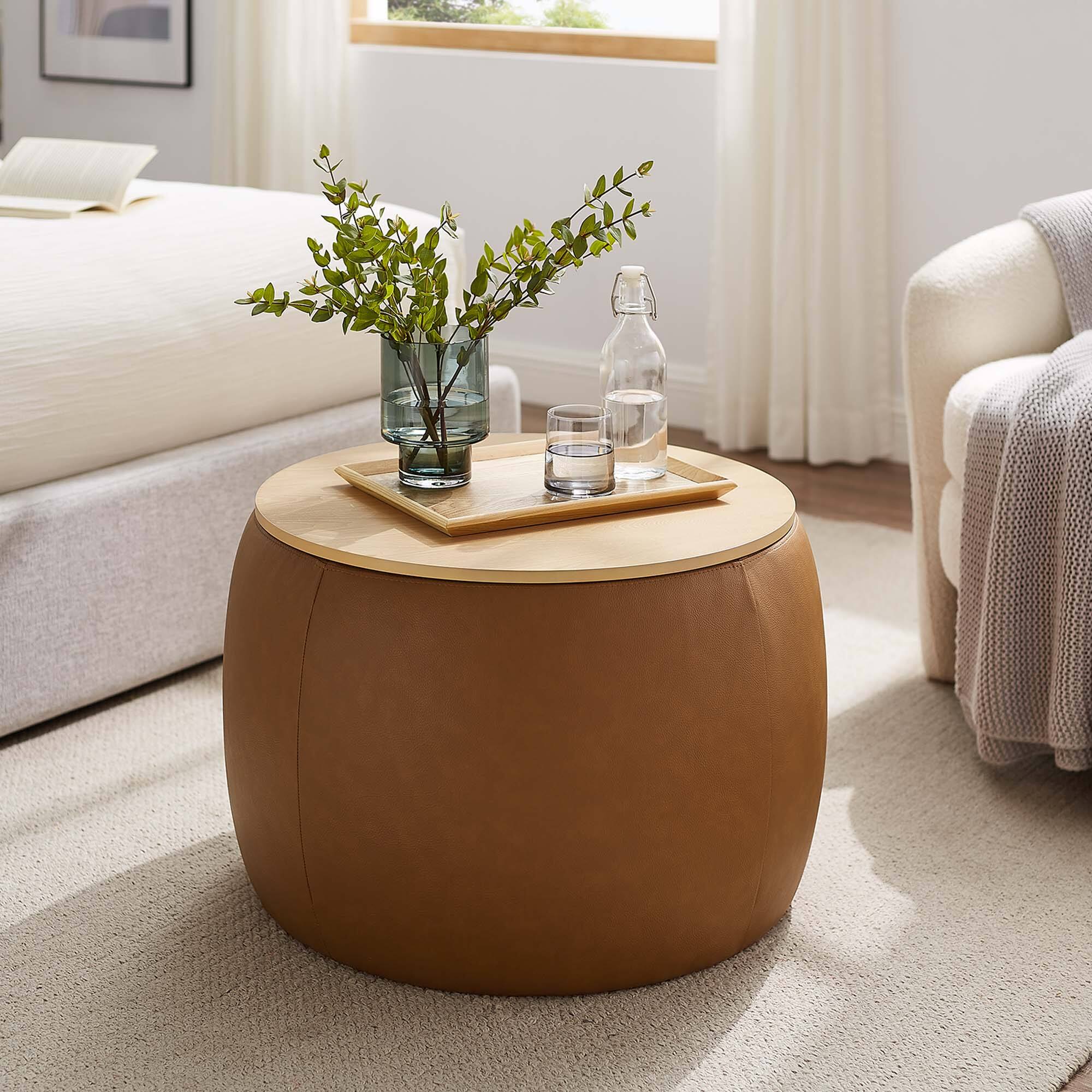 Alt View 1. Modway - Perla Round Vegan Leather Storage Ottoman by Modway - Tan.