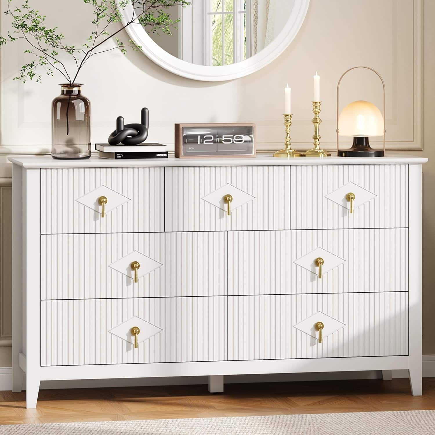 Homhougo - Fluted Dresser 54"W, 7-Drawer Wood Chest, Modern Bedroom Storage Cabinet for Living Room, Hallway, Entryway - White