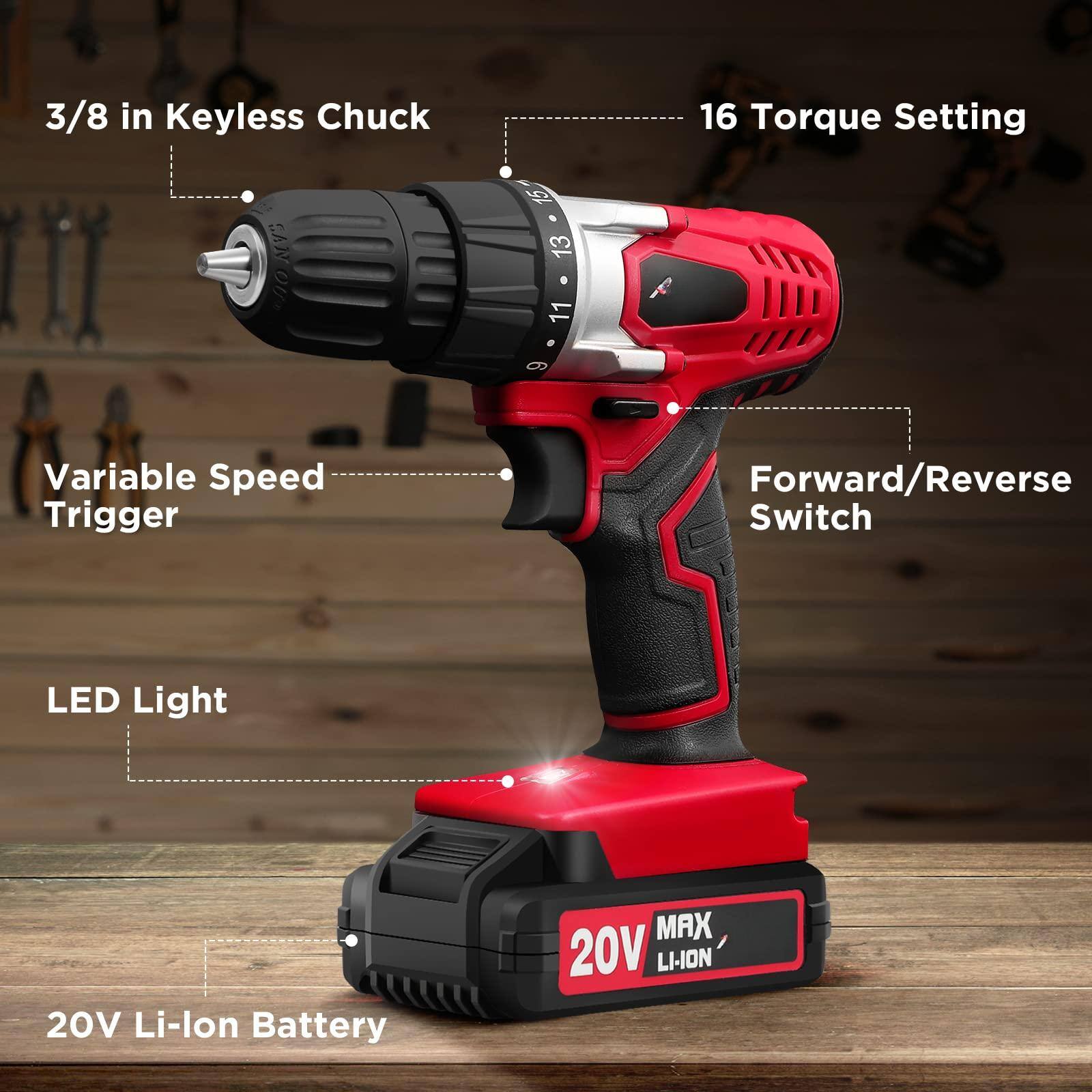 - 3/8 in Keyless Chuck
- 16 Torque Setting
- Variable Speed Trigger
- Forward/Reverse Switch
- LED Light
- 20V Li-Ion Battery