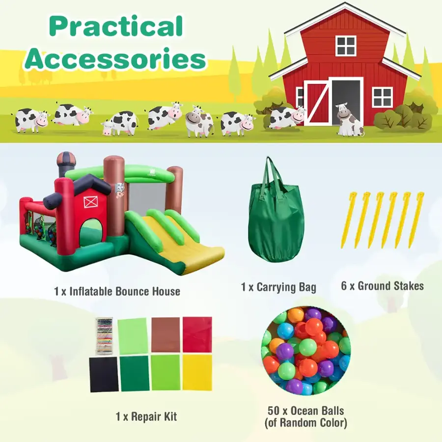 Practical Accessories - 1 Inflatable Bounce House, 1 Carrying Bag, 6 Ground Stakes, 1 Repair Kit, 50 Ocean Balls (of Random Color)
