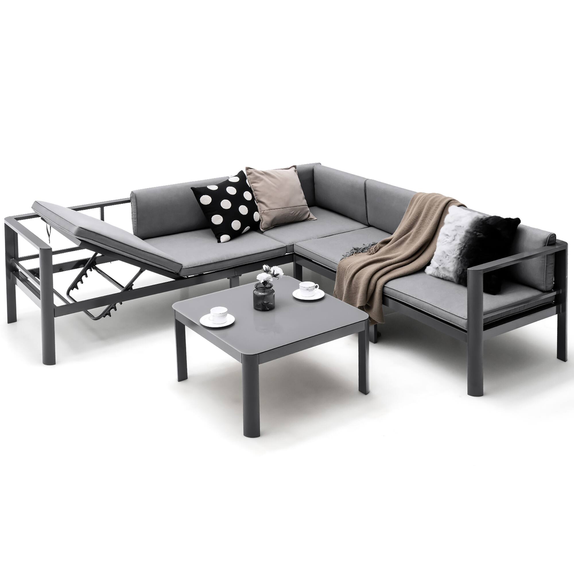 Alt View 1. Gymax - Gymax 3PCS Patio Furniture Set Aluminum Lounge Adjust Back Recliner Sofa Table Cushion - Gray.