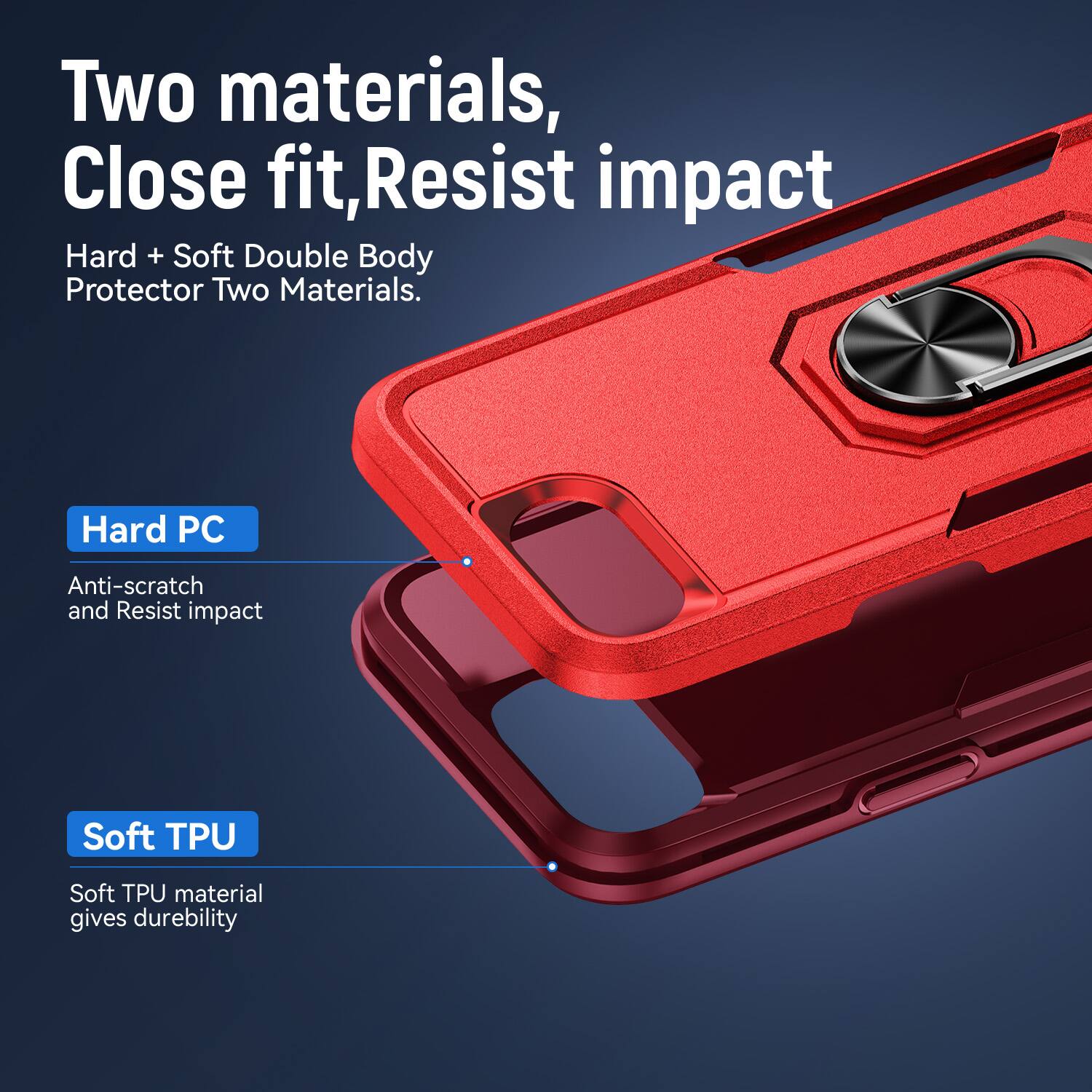 Two materials, Close fit, Resist impact  
Hard + Soft Double Body Protector Two Materials.  
Hard PC  
Anti-scratch and Resist impact  
Soft TPU  
Soft TPU material gives durability