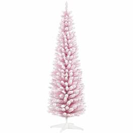 RYHNUYNE - Snow Flocked Artificial Pencil Christmas Tree With Realistic Branches, Slim Hinged Narrow Holiday Home Decor - Pink