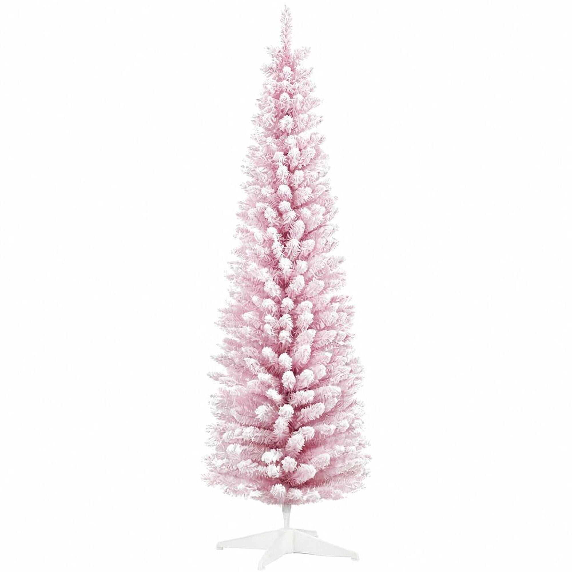 Front. RYHNUYNE - Snow Flocked Artificial Pencil Christmas Tree With Realistic Branches, Slim Hinged Narrow Holiday Home Decor - Pink.
