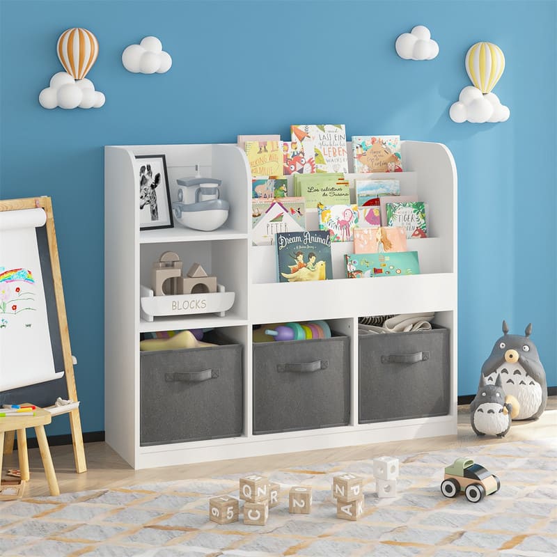 HTUTWOO - Kids Bookcase and Bookshelf - Multifunctional Bookcase with 3 Collapsible Fabric Drawers, Bookcase Stand for Bedroom - White+gray