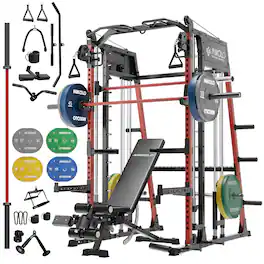 Mikolo - M4 2.0 Smith Machine, All-in-One Home Gym Power Cage with LAT Pulldown & Cable Crossover, Squat Rack for Body Workouts - Red