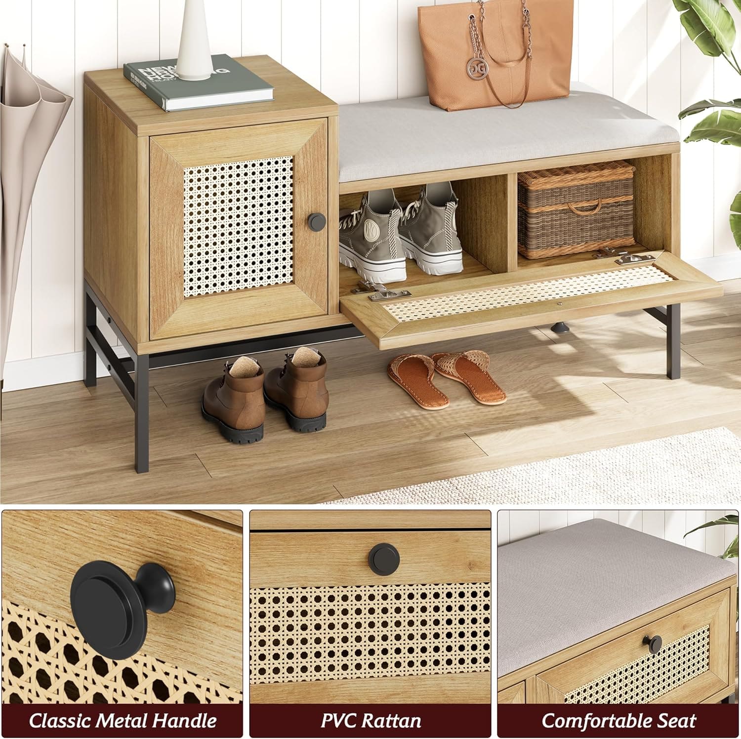 Acekool - Rattan Shoe Bench Entryway Bench with Storage Drawer & Cabinet, Wooden Bench with Linen Cushion for Hallway - Oak