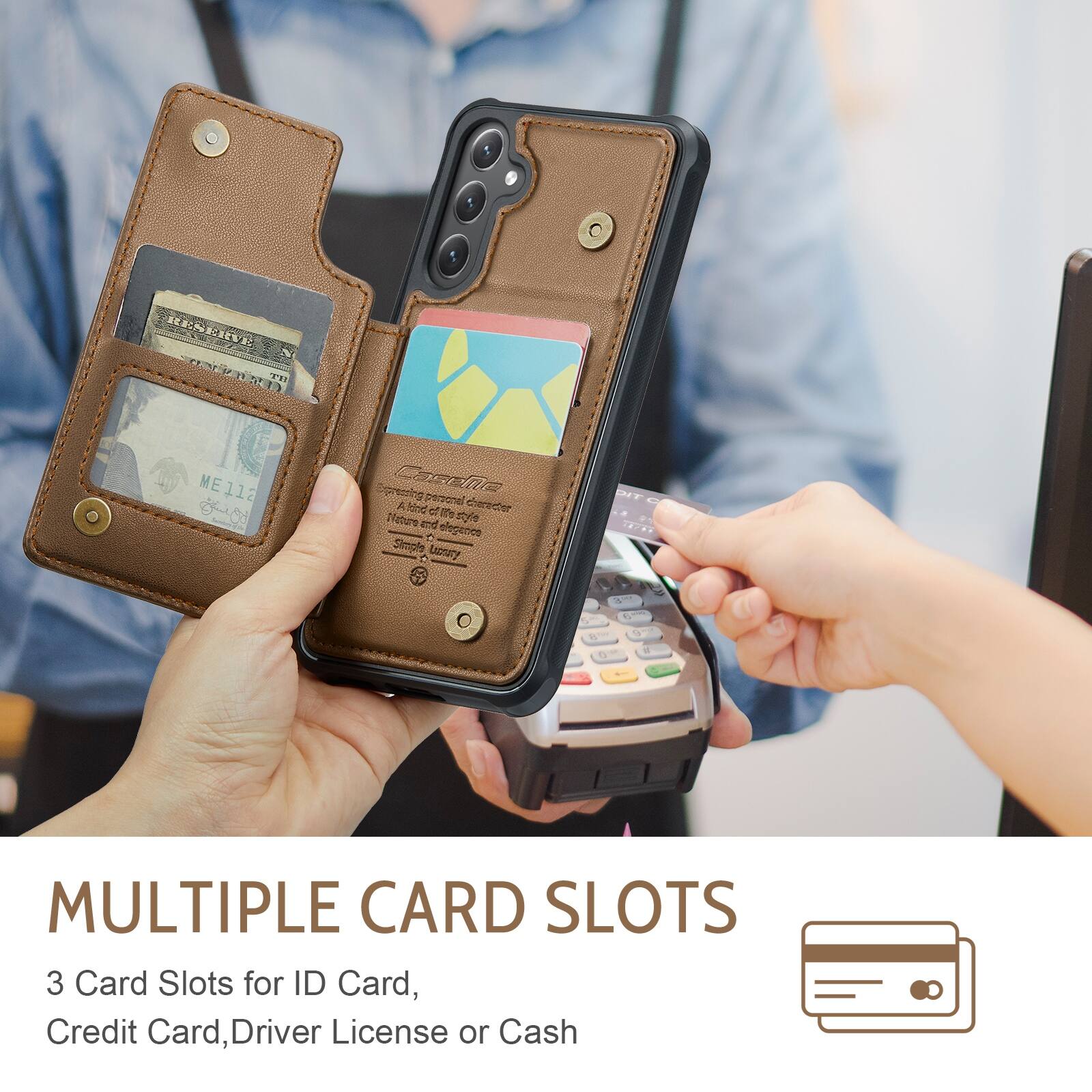 RENEIVE EB TRSE  
H ME112  
Spreading Lesshe da A perpener cherecter feloe ef  
Piature ed style elegenice Simple LAsSITY  
. ds .  
MULTIPLE CARD SLOTS  
3 Card Slots for ID Card, Credit Card, Driver License or Cash