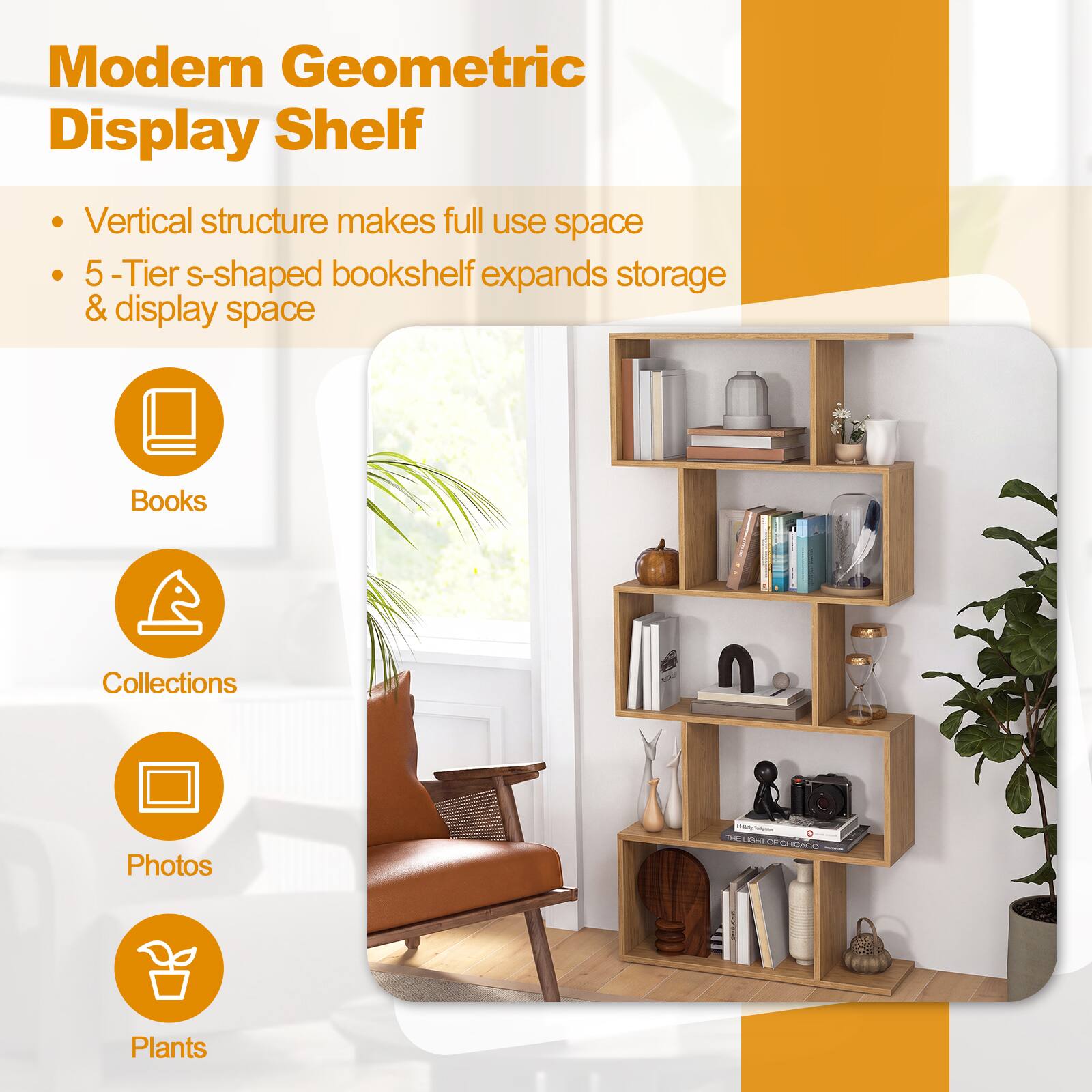 Costway 2PCS Bookshelf Geometric S Shaped Bookcase Room Divider Storage ...