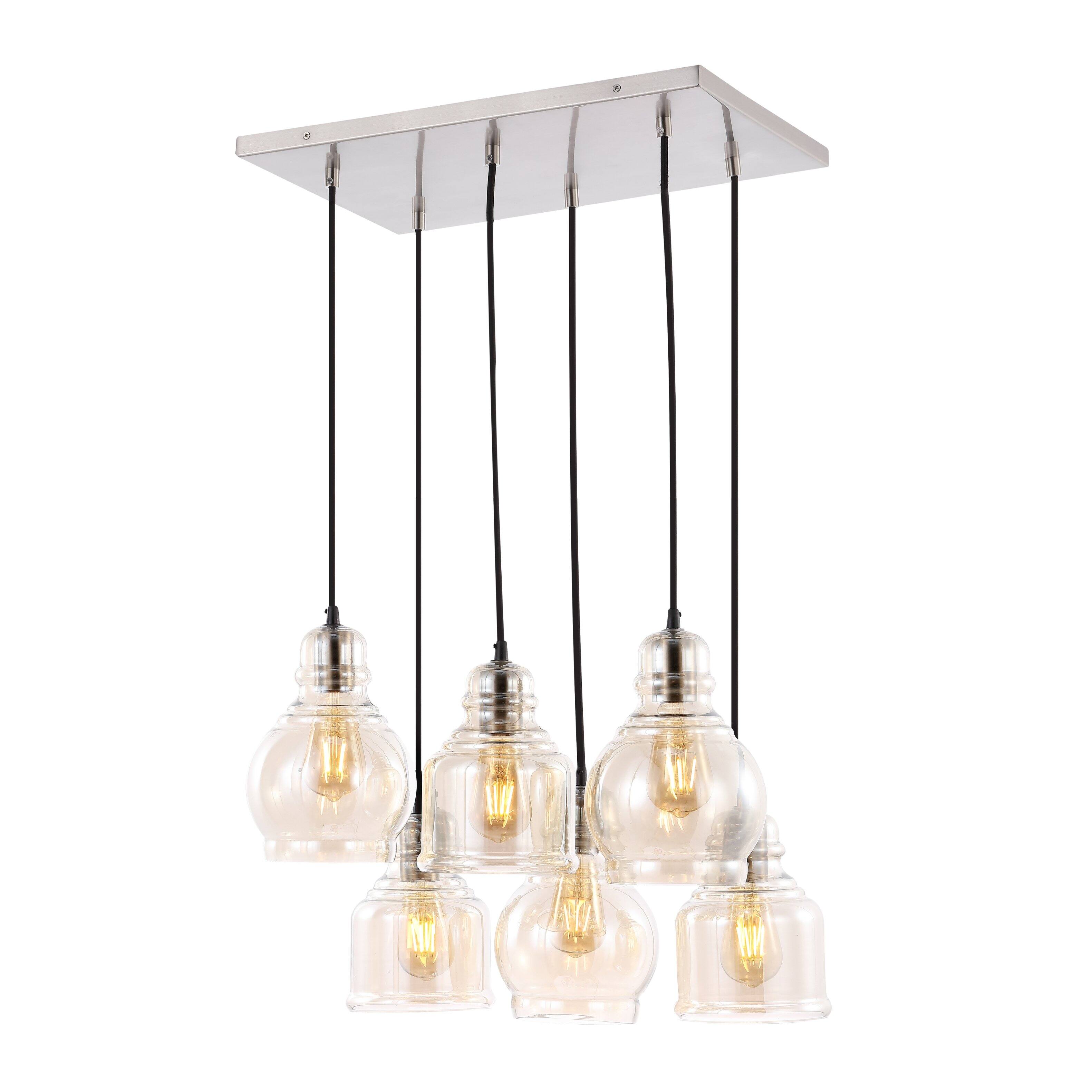 Front. Jonathan Y - Sydney 18.88" 6-Light Bohemian Farmhouse Iron/Glass Cluster LED Pendant, Nickel/Champagne - Nickel.