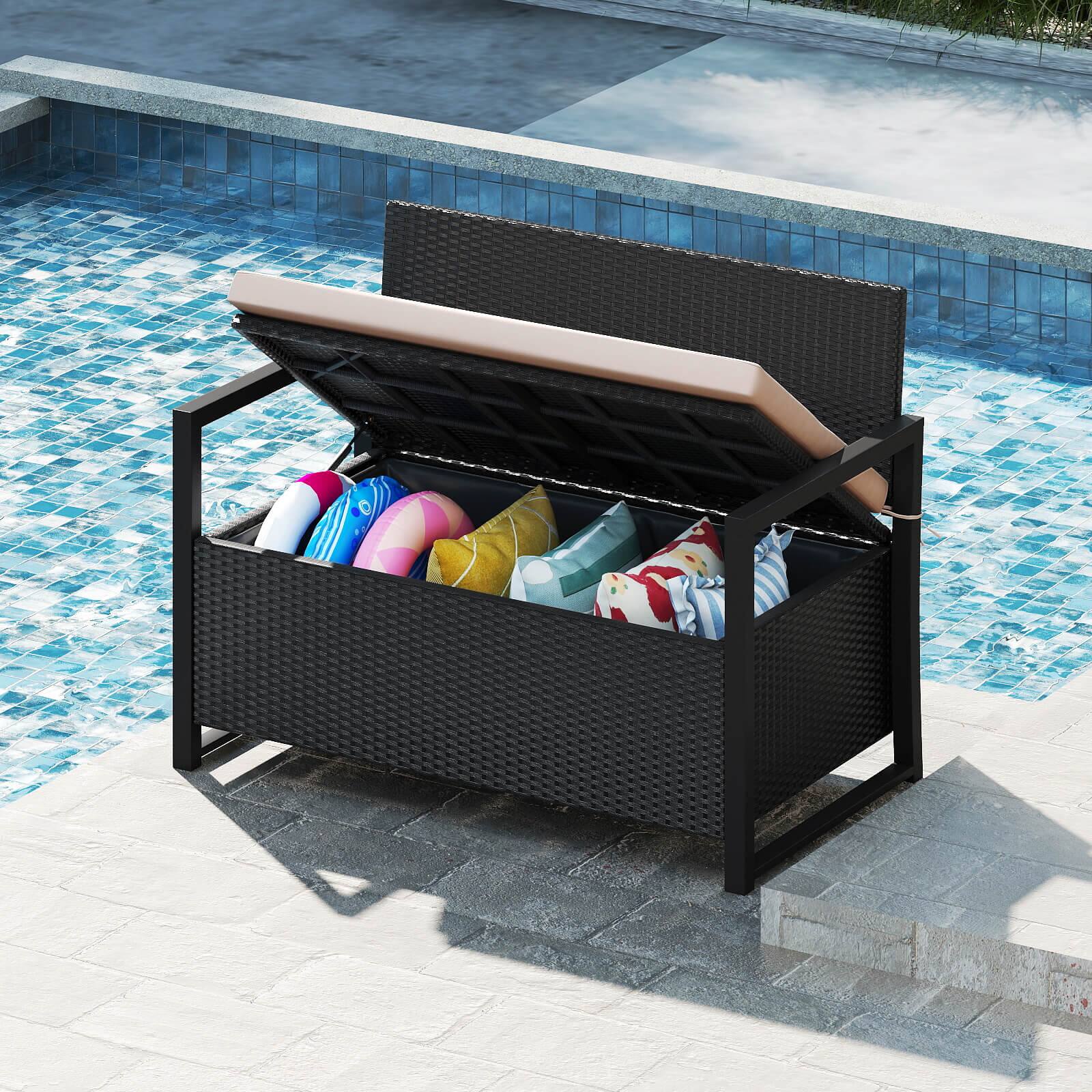 Alt View 4. Costway - Costway Patio Storage Bench Wicker Loveseat with Built-in Storage & Long Seat Cushion - Black.