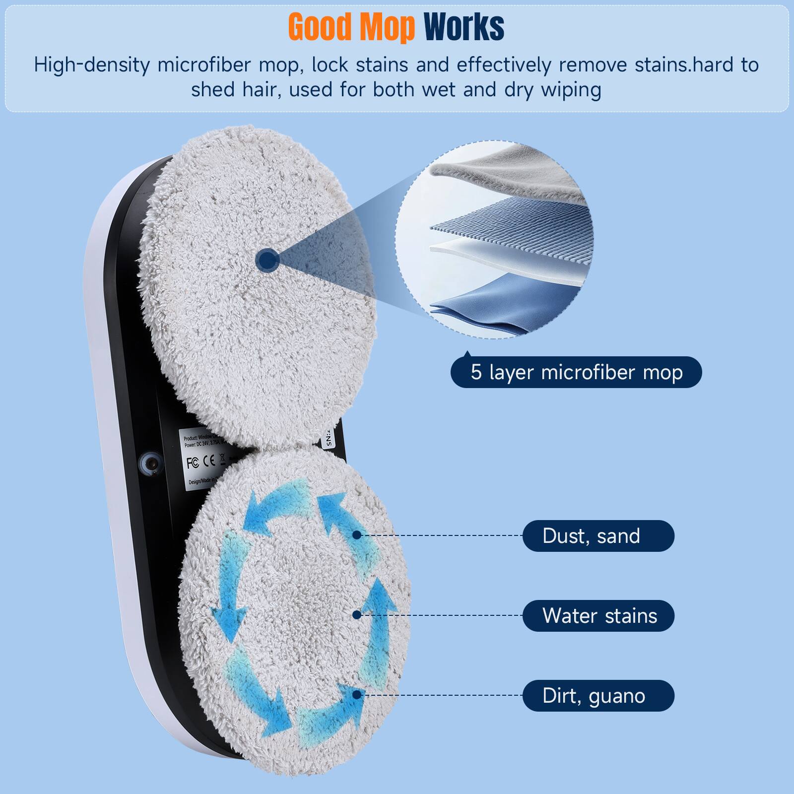 Good Mop Works

High-density microfiber mop, lock stains and effectively remove stains. Hard to shed hair, used for both wet and dry wiping.

5 layer microfiber mop

Dust, sand  
Water stains  
Dirt, guano