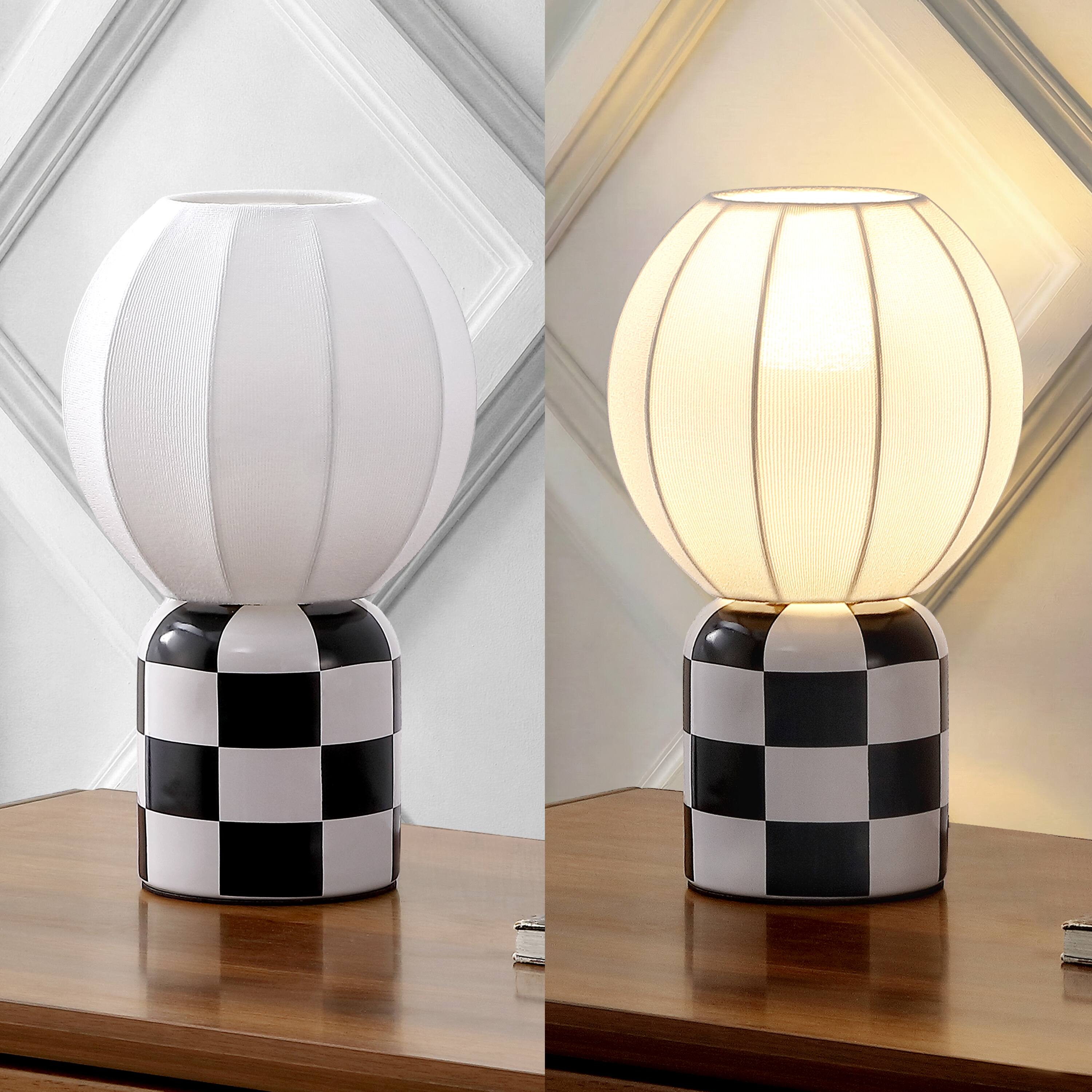 Alt View 6. Jonathan Y - Valarie 10.3 in. Contemporary Checkerboard Ceramic with Ribbed Cocoon Globe Shade LED Mini Table Lamp, Black/White - Black/White.