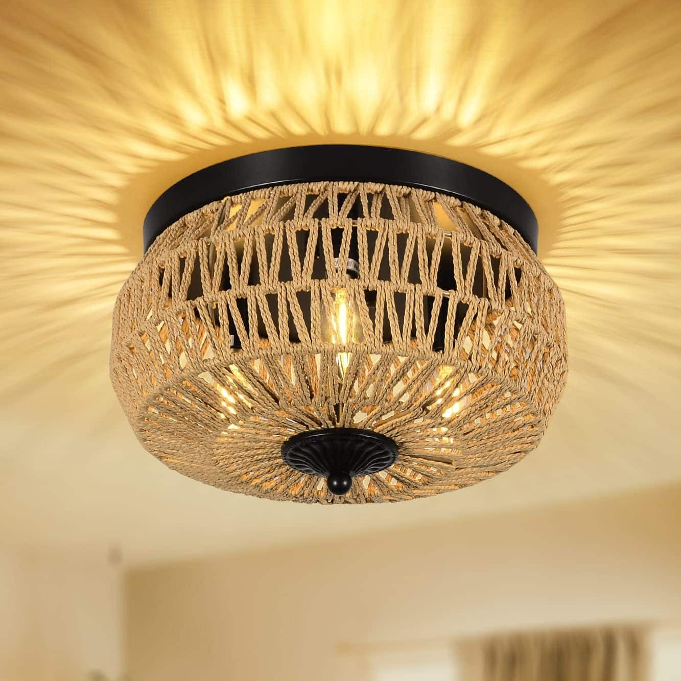 Z-Edge - Rattan Ceiling Light Fixture, 3 Light Bohemian Modern Woven Ceiling Light, Boho Flush Mount Ceiling Light for Bedroom - Brown