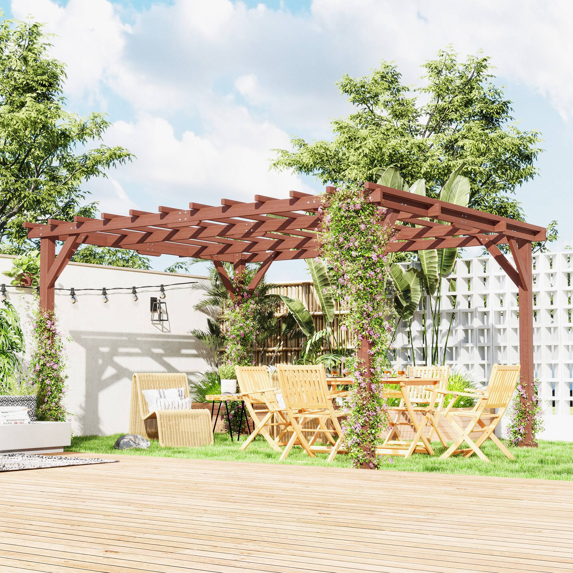 Angle. Outsunny - 11' x 12.5' Outdoor Wood Pergola with Grape Trellis with Stable Structure for Climbing Plant Support for Patio - Brown.