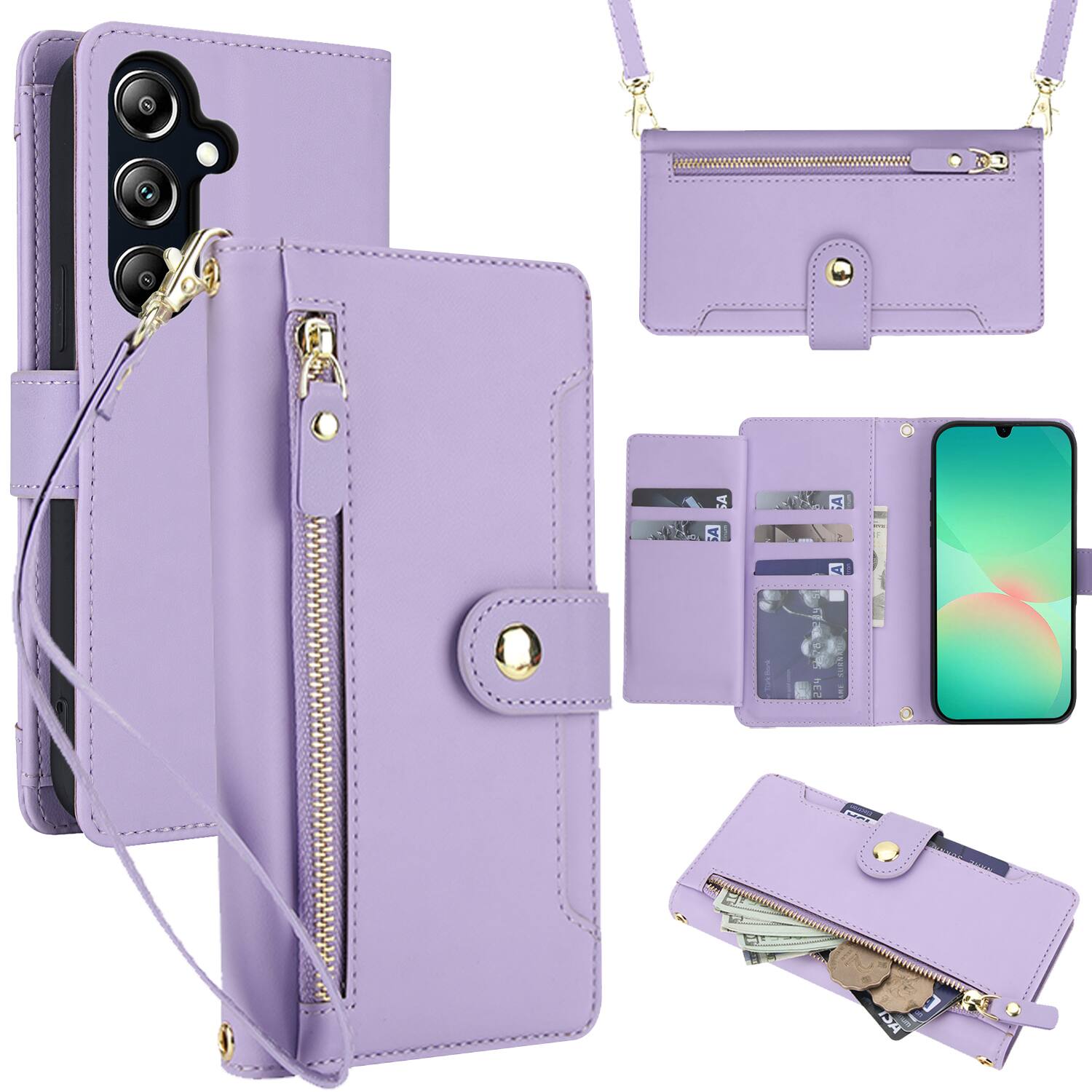 Front. UUCOVER - For Samsung Galaxy A16 5G PU Leather Wallet Case with Card Slots Cash Holder, Zipper Pocket, Stand, Shoulder Wrist Strap - Purple.