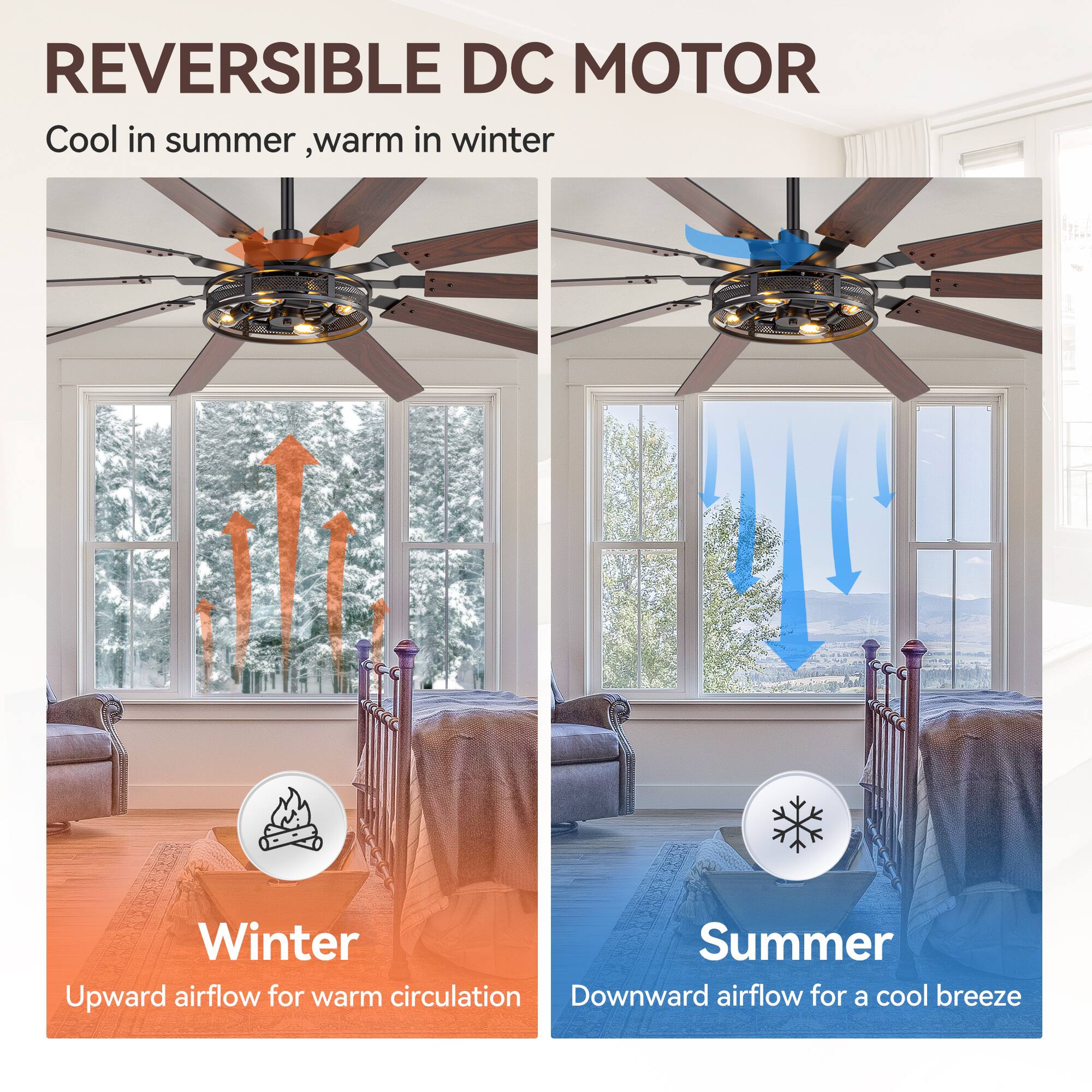 REVERSIBLE DC MOTOR  
Cool in summer, warm in winter  

Winter  
Upward airflow for warm circulation  

Summer  
Downward airflow for a cool breeze