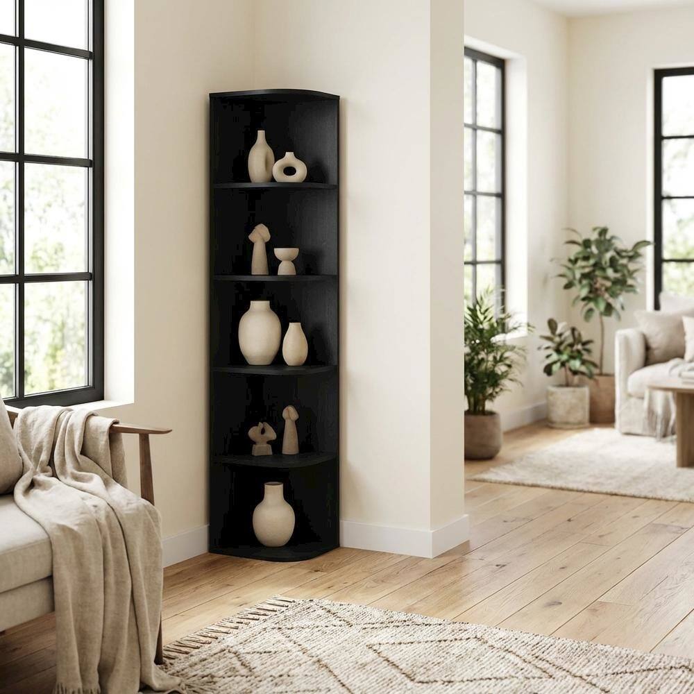 Left. FurniFact - 5-Tier Corner Open Shelf Bookcase with Spacious Storage - Blackwood.