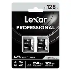 2x 128GB Lexar PROFESSIONAL 1667x 250MB/s V60 UHS-II SILVER Series
1667x SDXC™ UHS-II
V60
10
3
4K
UP TO 250MB/s READ/LECTURE*
120MB/s WRITE/ÉCRITURE