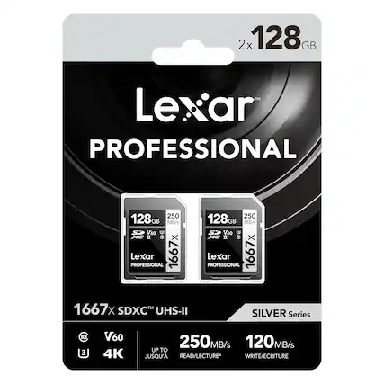 2x 128GB Lexar PROFESSIONAL 1667x 250MB/s V60 UHS-II SILVER Series
1667x SDXC™ UHS-II
V60
10
3
4K
UP TO 250MB/s READ/LECTURE*
120MB/s WRITE/ÉCRITURE
