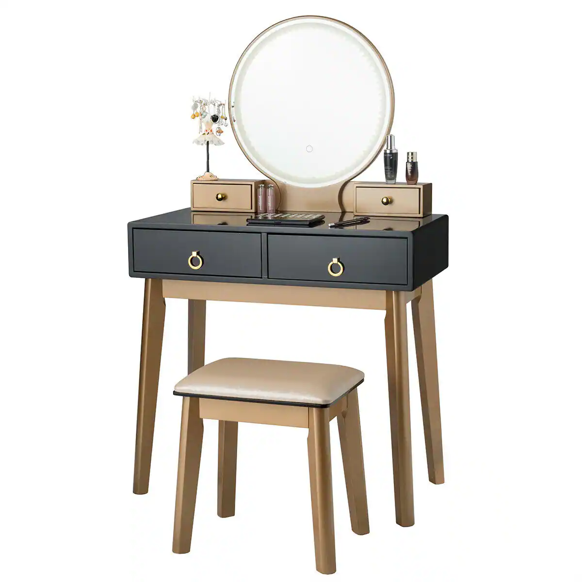 Alt View 2. Gymax - Gymax Makeup Dressing Vanity Table Set w/ Touch Screen Dimming Mirror Black - Black.