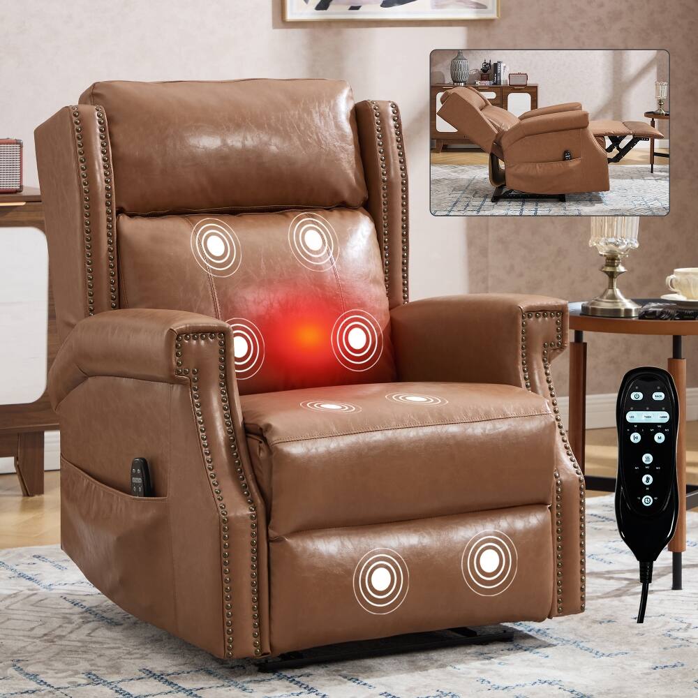 Front. Ropilly - Ropilly Camel Faux Leather Manual Recliner, Massage Recliner Chair with Lumbar Heat, Pillow Back and Square Arms - Camel.