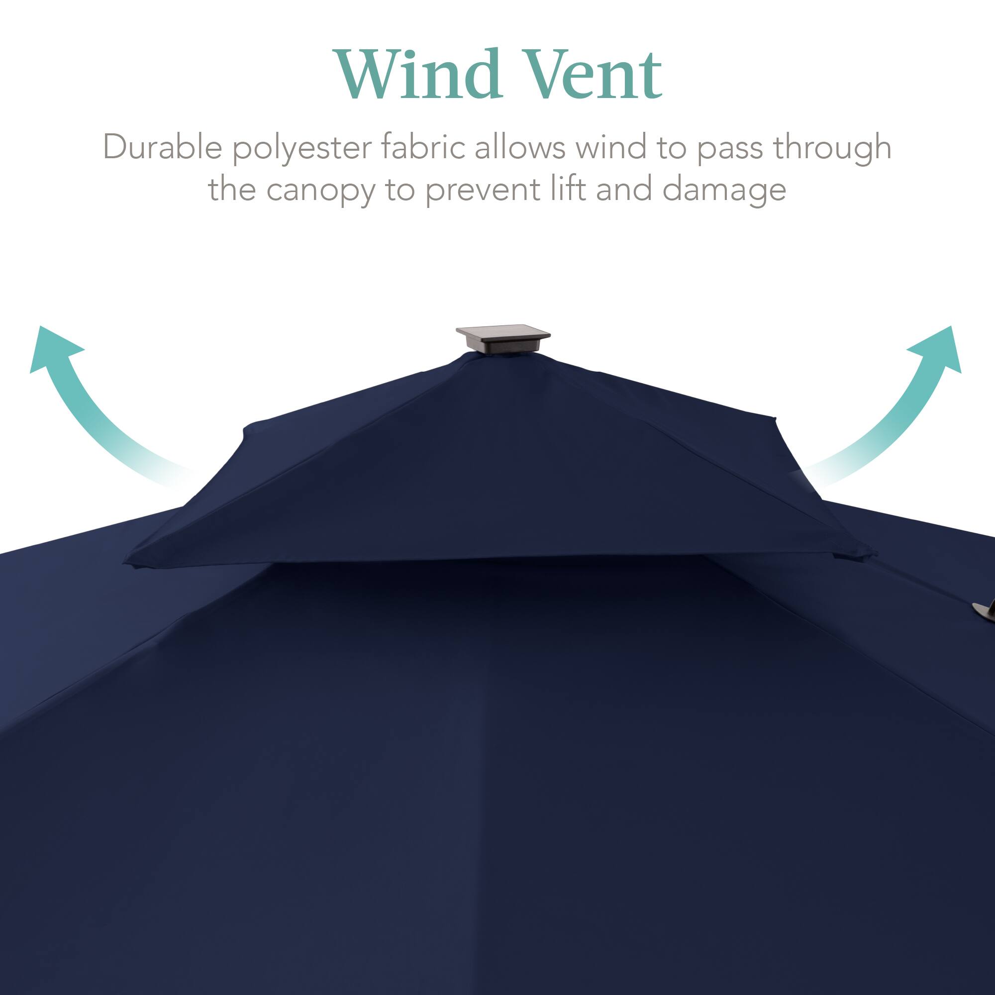 Wind Vent  
Durable polyester fabric allows wind to pass through the canopy to prevent lift and damage