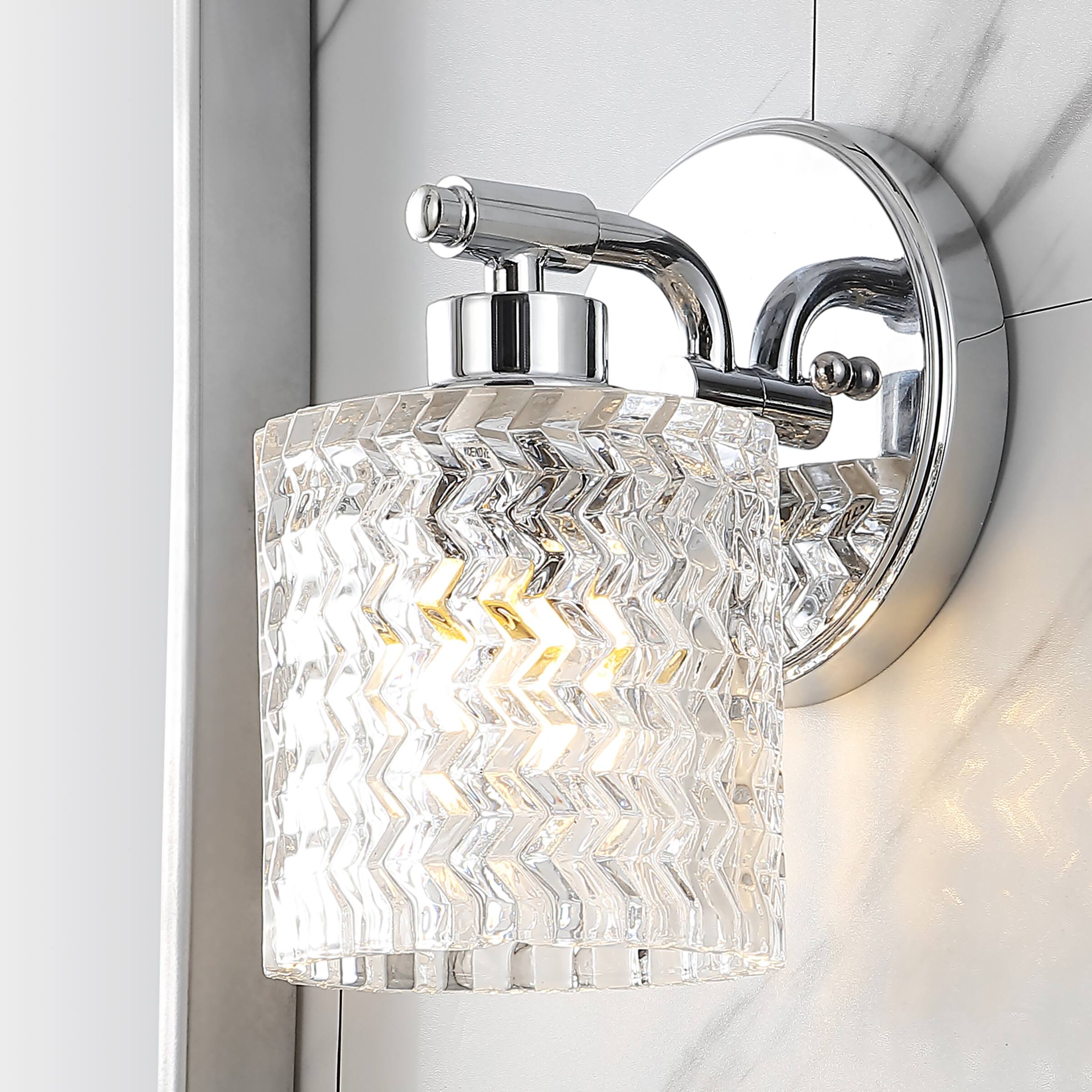 Alt View 1. Jonathan Y - Spaulding Vintage 5.13" 1-Light Iron/Chevron Pattern Glass Farmhouse Cottage LED Vanity Light, Chrome - Chrome.